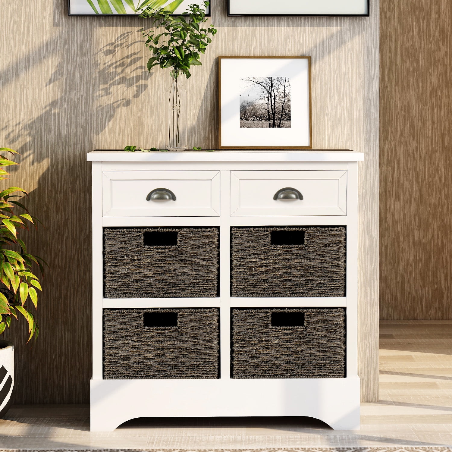 DeeHome TREXM Rustic Storage Cabinet with Two Drawers and Four Classic Rattan Basket for Dining Room/Living Room (White)