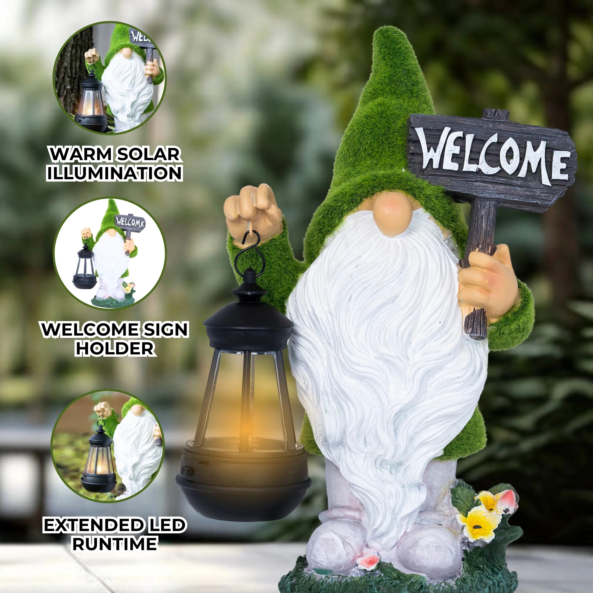 Welcome Gnome with Solar Powered Garden Lamp, Green White, Polyresin Lawn Gnome Statue, Patio Statue 13 inch 33 cm