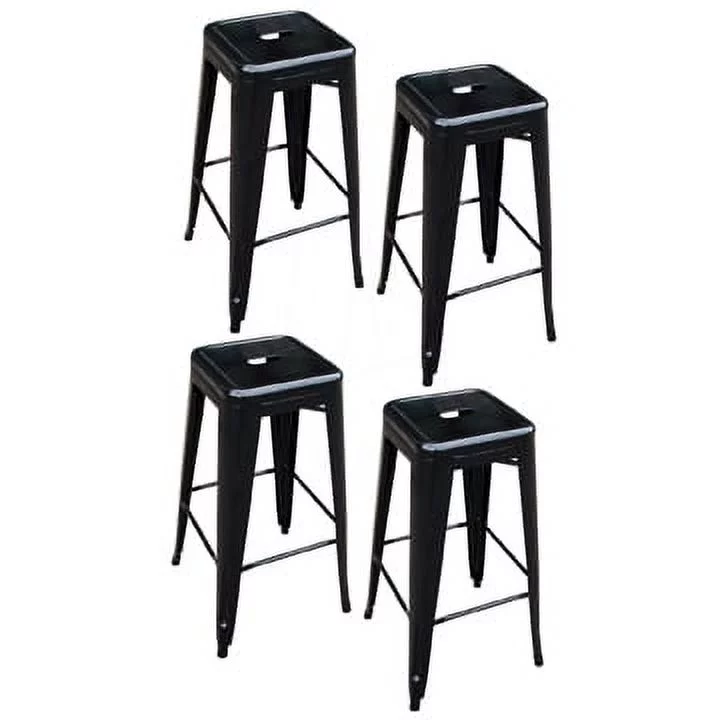 5 Piece AmeriHome Set Dark Elm Wood Finish Top Bar Table with 4 Black Backless Metal Bar Stools