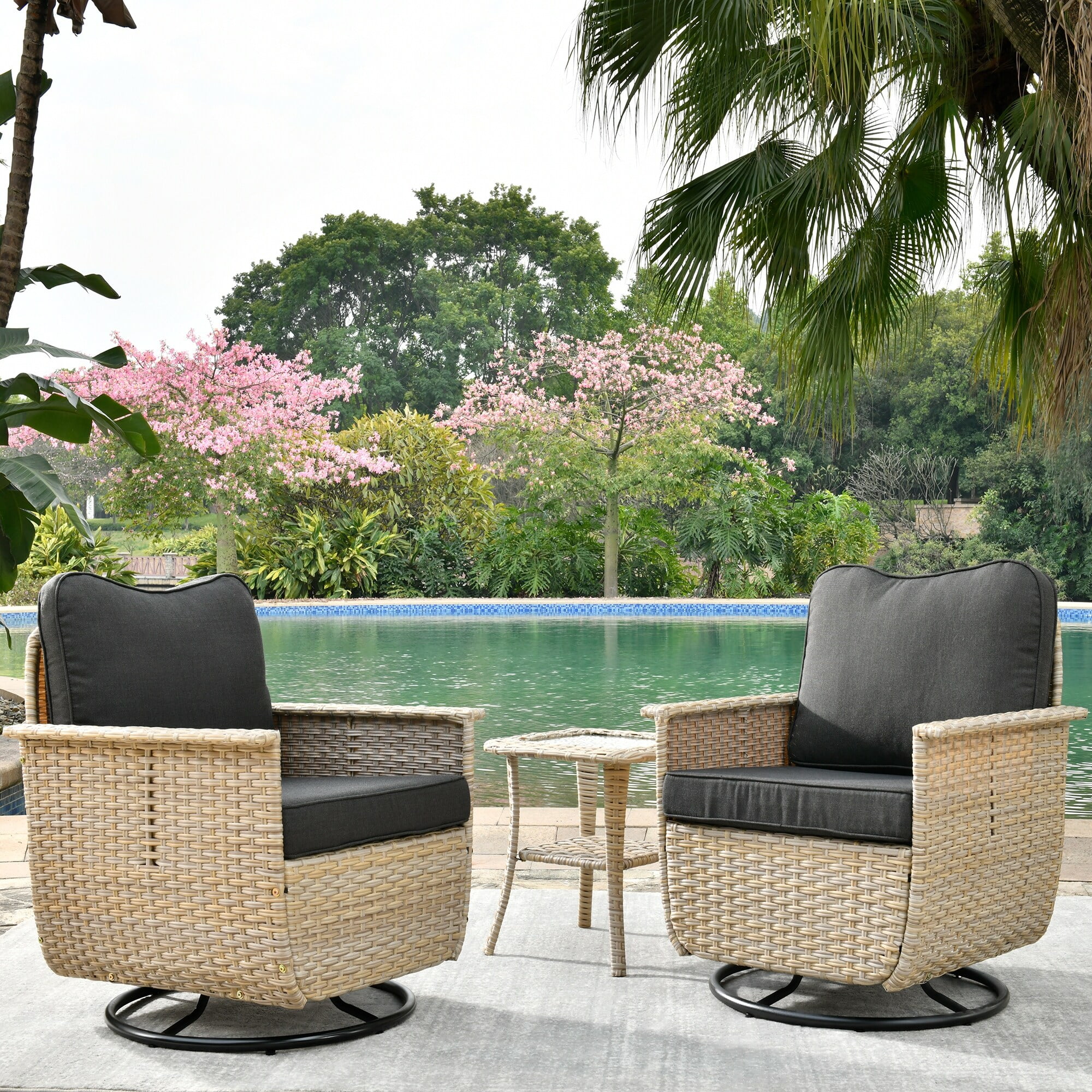 OVIOS  3-piece Pet-Friendly Patio Furniture Swivel Chairs Wicker Set Black