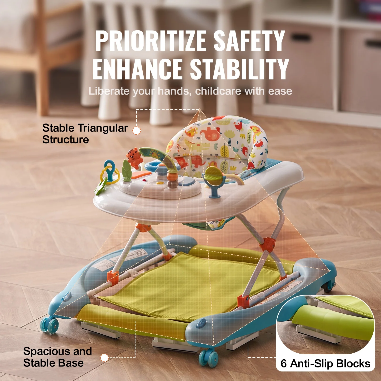 SKYSHALO Baby Walker 4 in 1, Foldable Height Adjustable Baby Walker with Wheels, Infant Toddler Walker with Foot Pads, Anti-Fall Baby Walker With Music & Toys Tray for Boys and Girls 6-24 Months