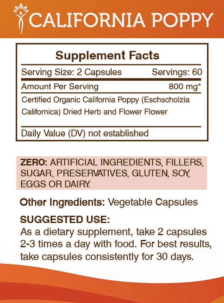 Secrets of the Tribe California Poppy 120 Capsules, Organic California Poppy Eschscholzia May Relieve Muscle Cramps and Headaches 400 mg