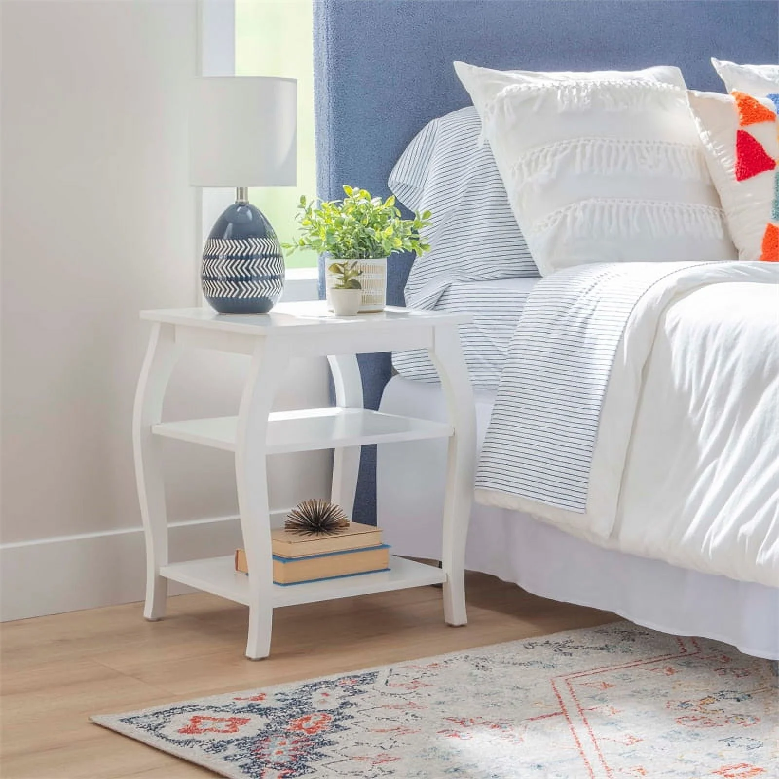 Linon Regan Wood Side Table Curved Legs 2 Spacious Shelves in White Finish