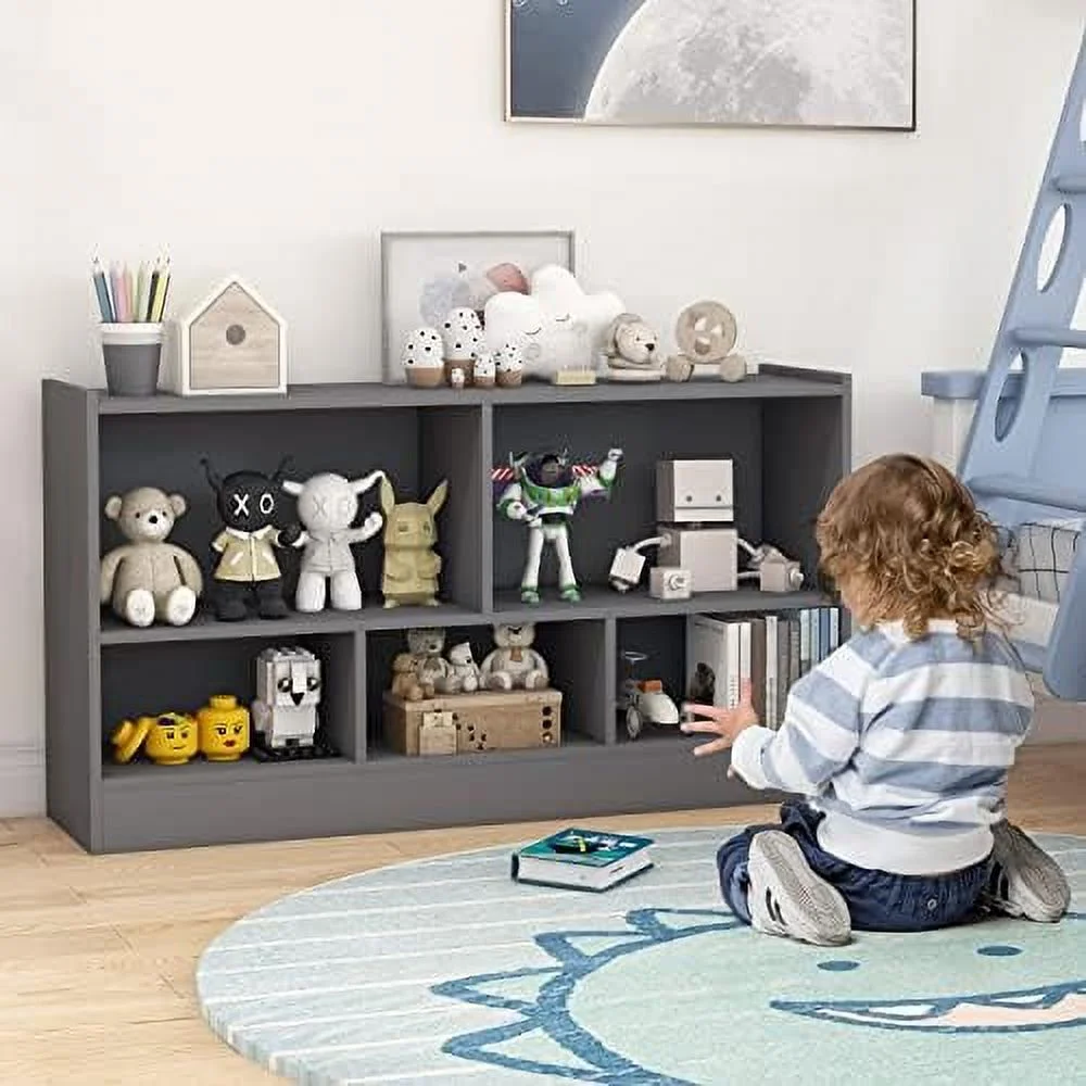 TJCGDTY Wooden Montessori  for   5-Section  Cabinet  2-Tier Open  Bookshelf  Toy  Organizer for Playroom  Classroom  Grey