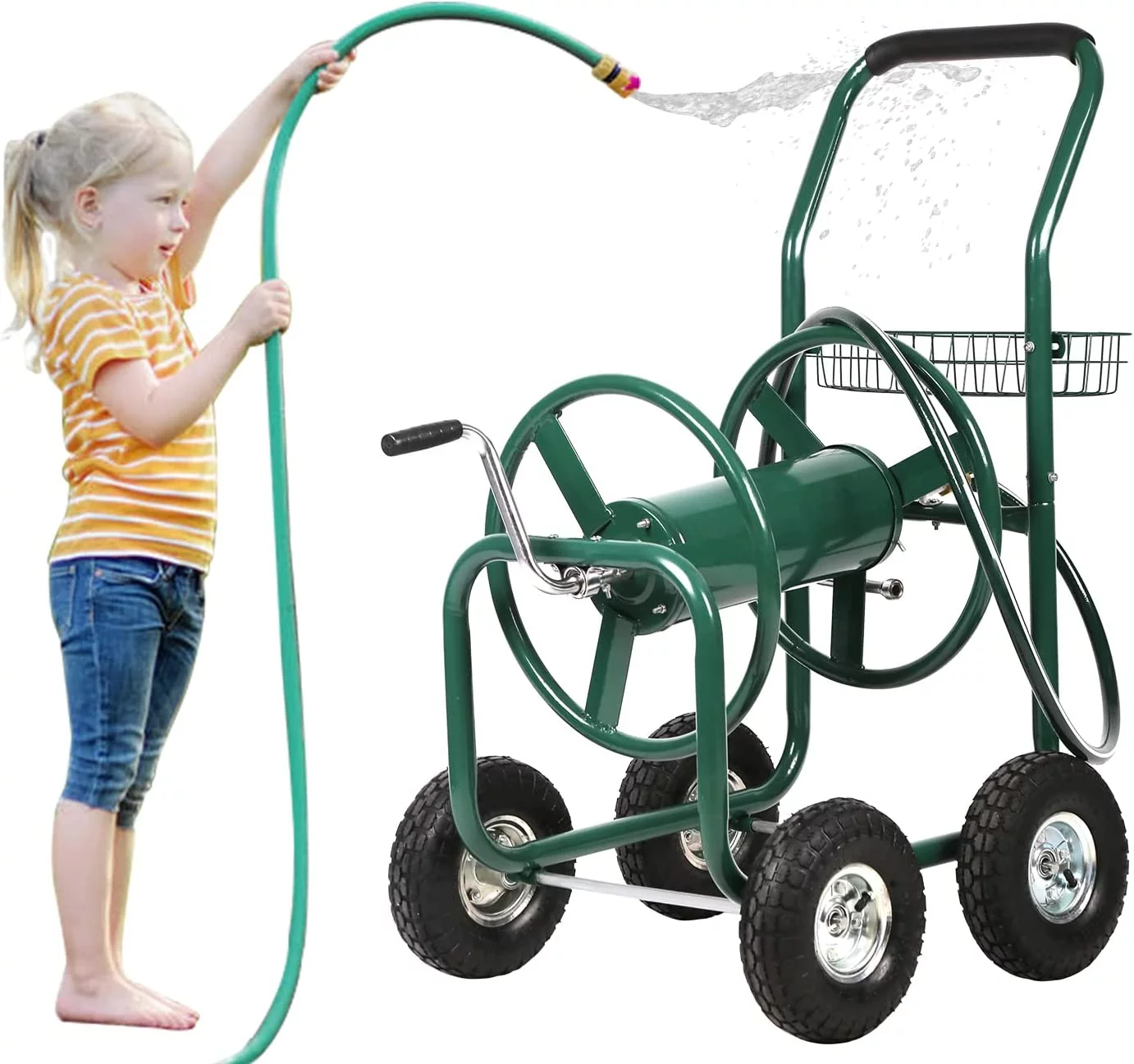 Dkeli Hose Reel Cart Garden Hose Carts with Wheels Heavy Duty Portable Water Hose Cart 4 Wheels Outdoor Yard Lawn Planting Truck with Storage Basket, Green
