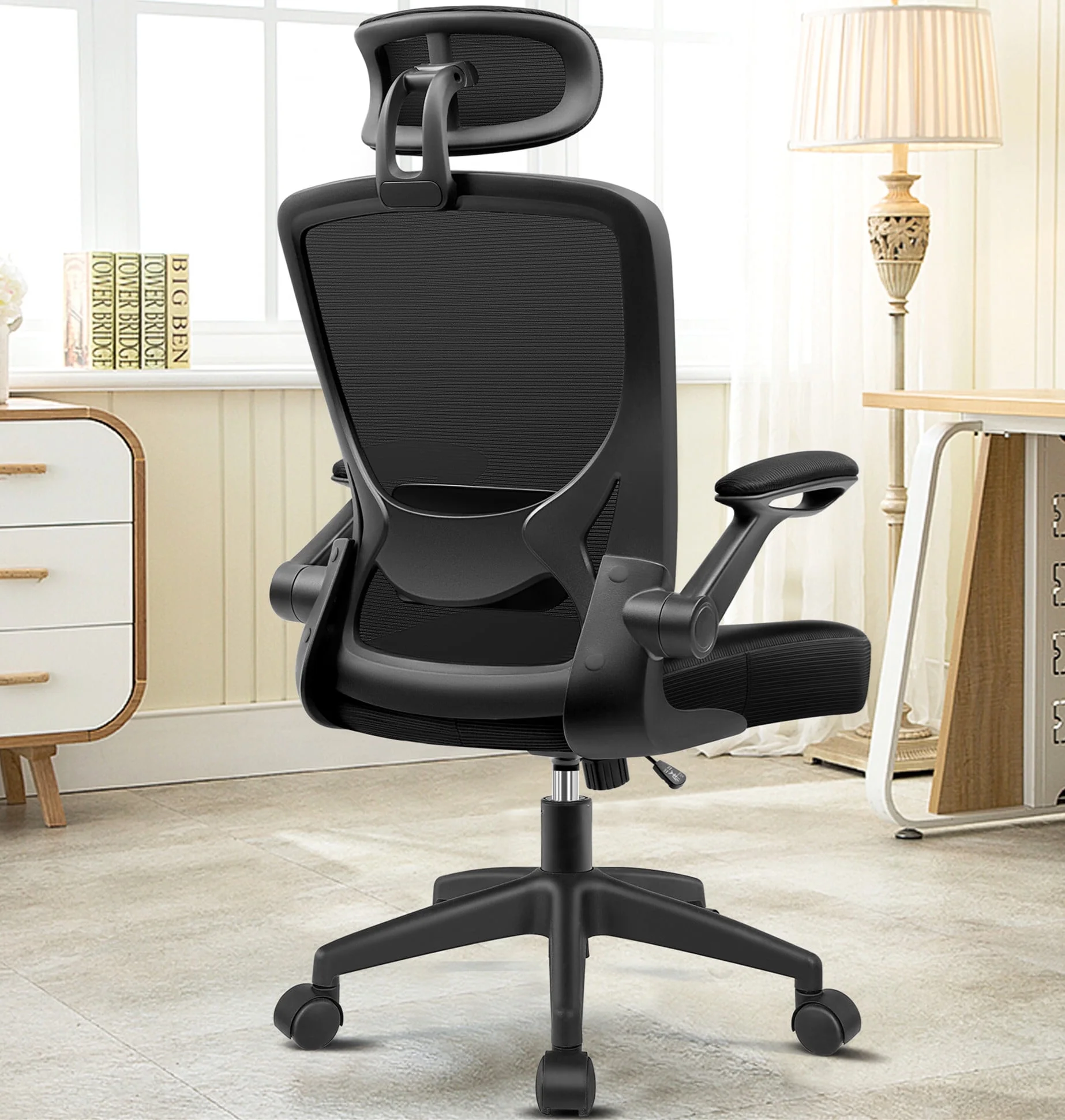 CoolHut Office Chair, High Back Ergonomic Desk Chair, Mesh Desk Chair with Adjustable Lumbar Support, headrest and Flip-up Armrests, 300lb (Black)