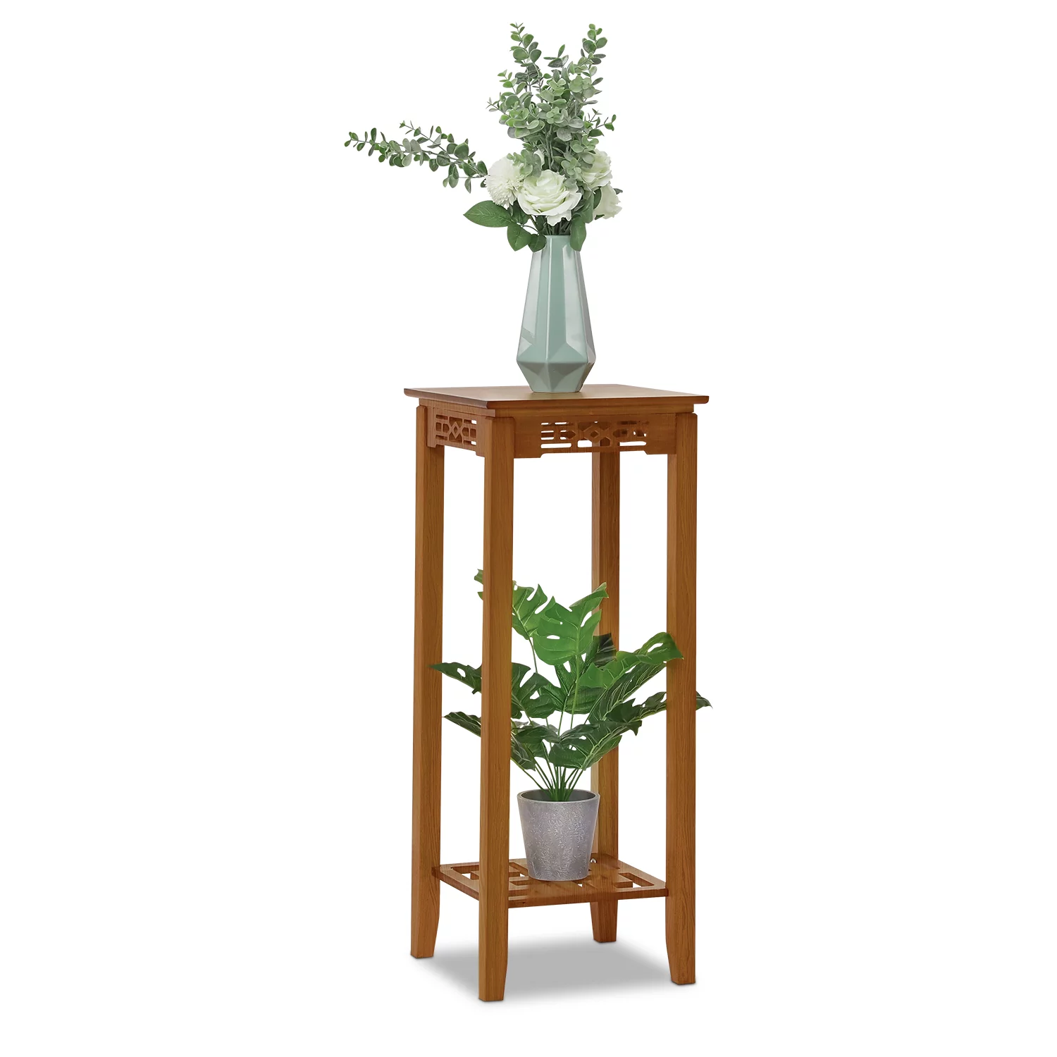 MoNiBloom Bamboo 2 Tiers Square Plant Stand, Carving Flower Rack, Display Shelf, Brown, for Garden