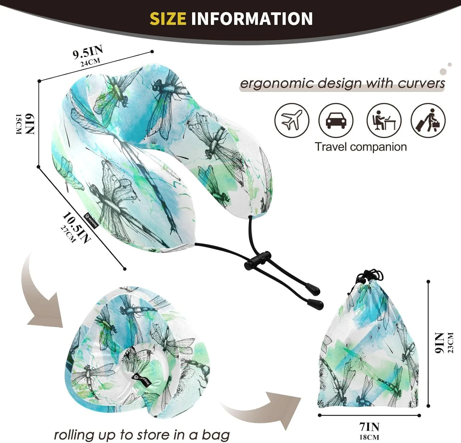 Hidove Vintage Dragonfly Travel Pillow Soft Memory Foam Neck Support Airplane Pillow with Adjustable Clasp Portable Travel Pillow