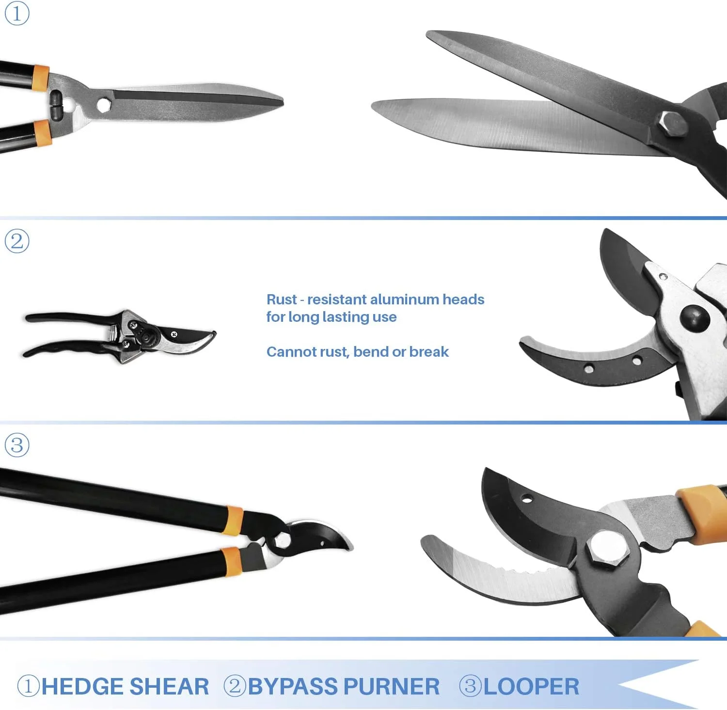 Sunrise Garden Tree Tools Set 3 Piece Garden Kit With Lopper, Hedge Shears And Pruner Shears, Tree & Shrub Care Kit