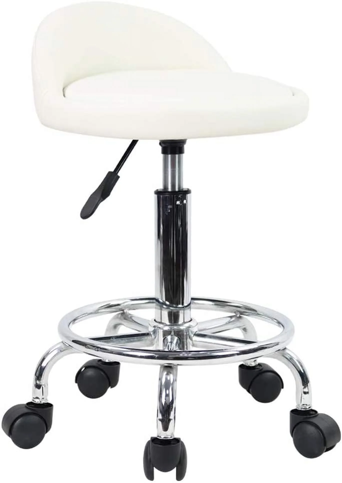 PU Leather Round Rolling Stool with Foot Rest Height Adjustable Swivel Drafting Work SPA Task Chair with Wheels (White)
