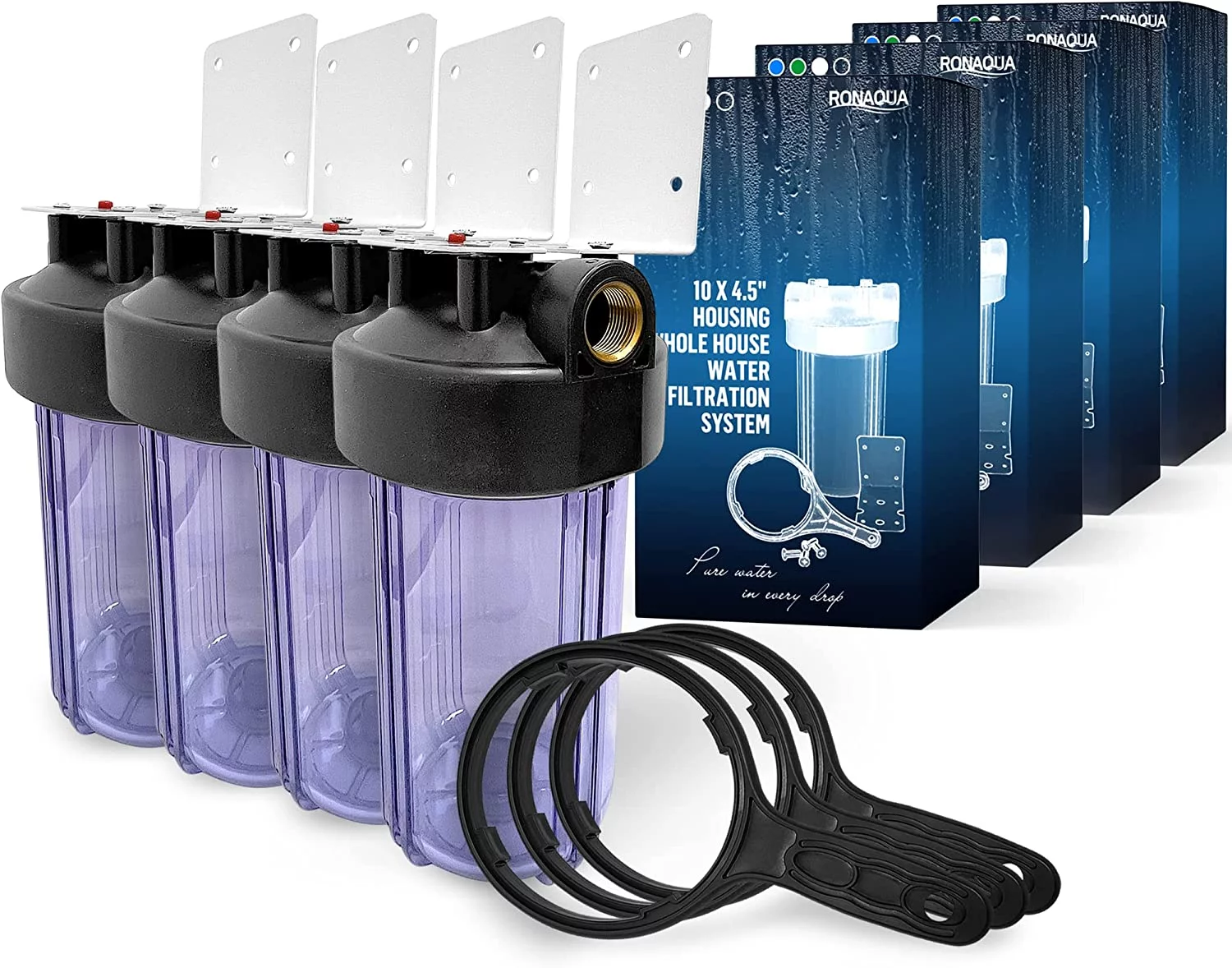 High Capacity 10 x 4.5 Whole House Filter Purifier System for Well or City Water, Presser Relief Button, 1 NPT Brass Port, Double O-ring, Meets NSF Standards & Regulations (Transparent, 4 Sets)