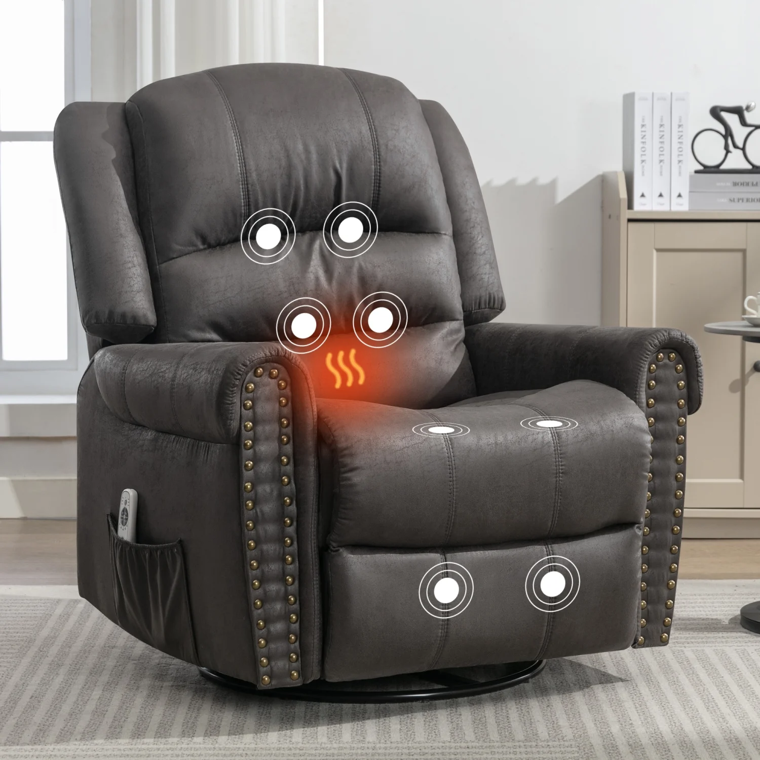 :Comfortable Massage Rocking Chair for Adults - Oversized Recliner with USB Charge Port - Soft Grey Manual Massage and Heat FeaturesIncluded