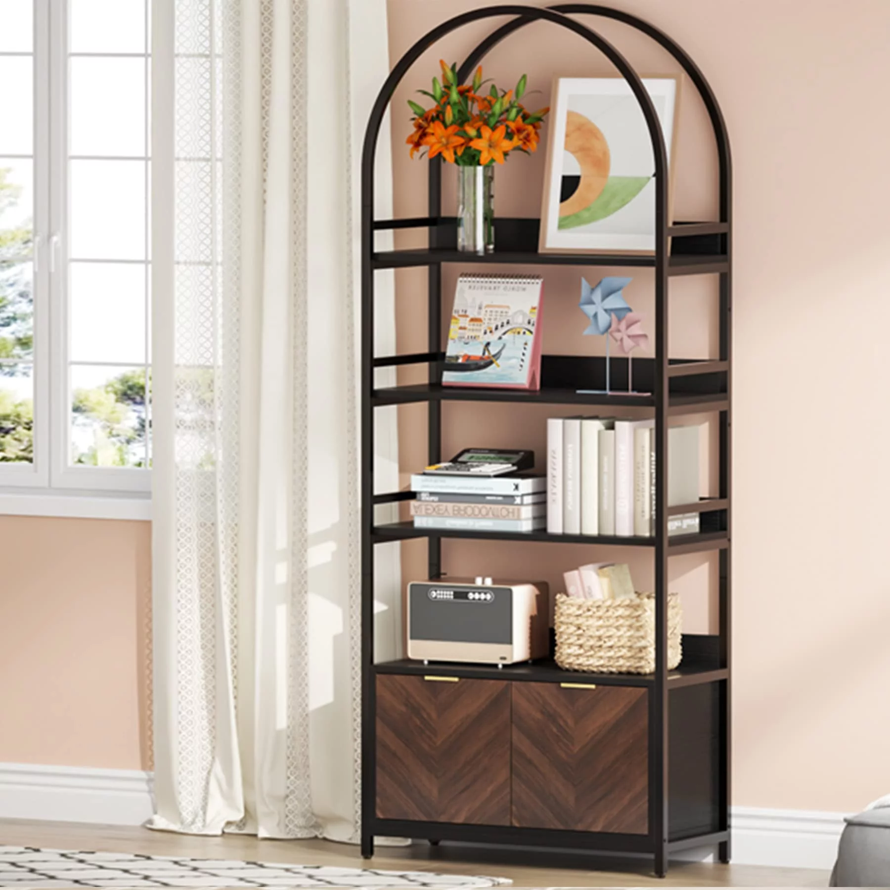 Tribesigns Modern Tall Etagere Bookcase with Cabinet for Living Room