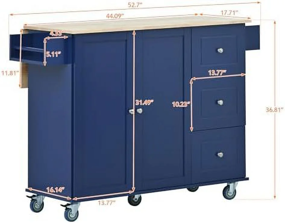 HYHBIBOOM Rolling Kitchen Island Cart with Folding Drop Leaf and  Cabinets  Kitchen Cart on Wheels with Spice Rack  Towel Rack and 3 Drawers  Dark Blue