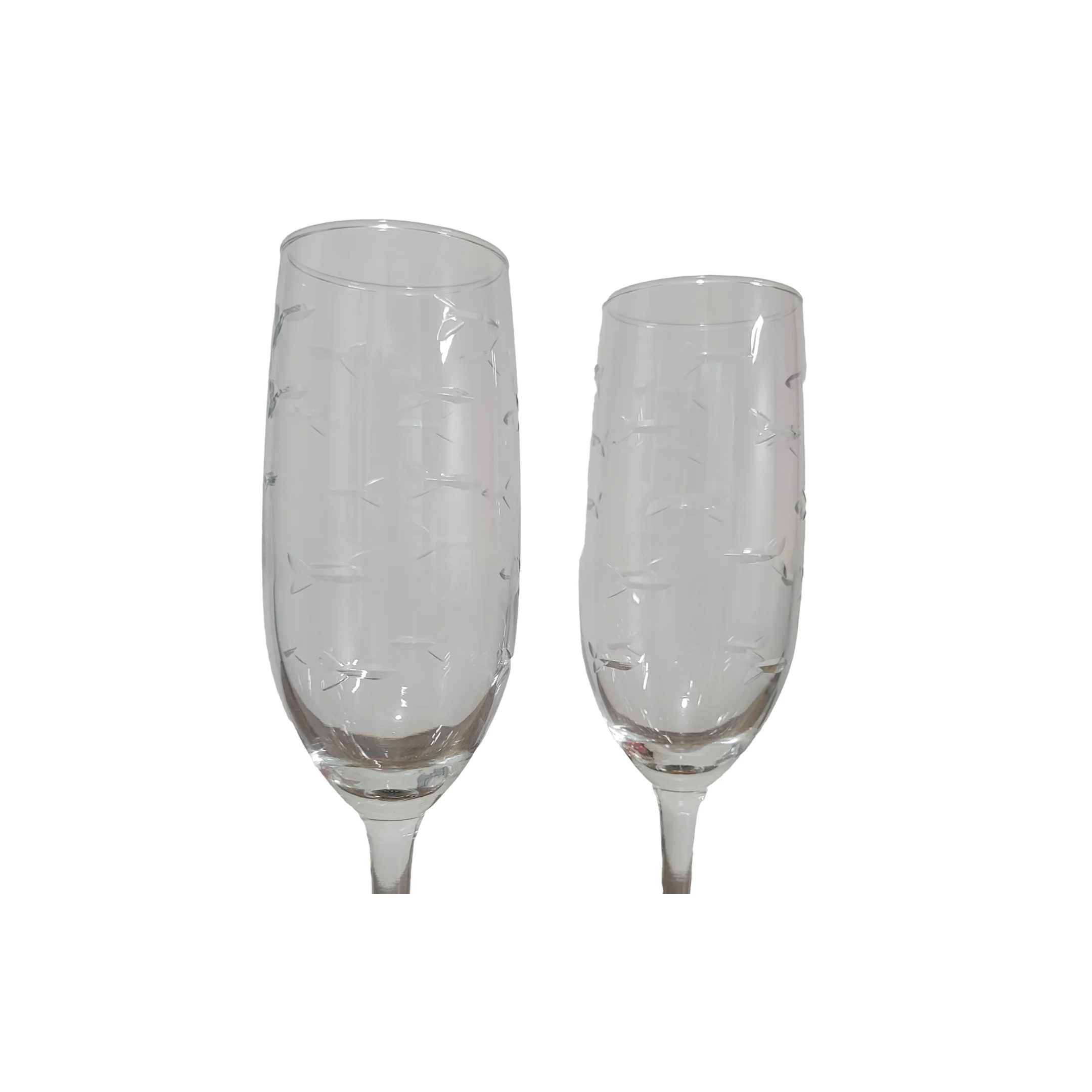 Rolf Glass Crystal Champagne Flutes, Etched School of Fish - 8oz, Sold Individually