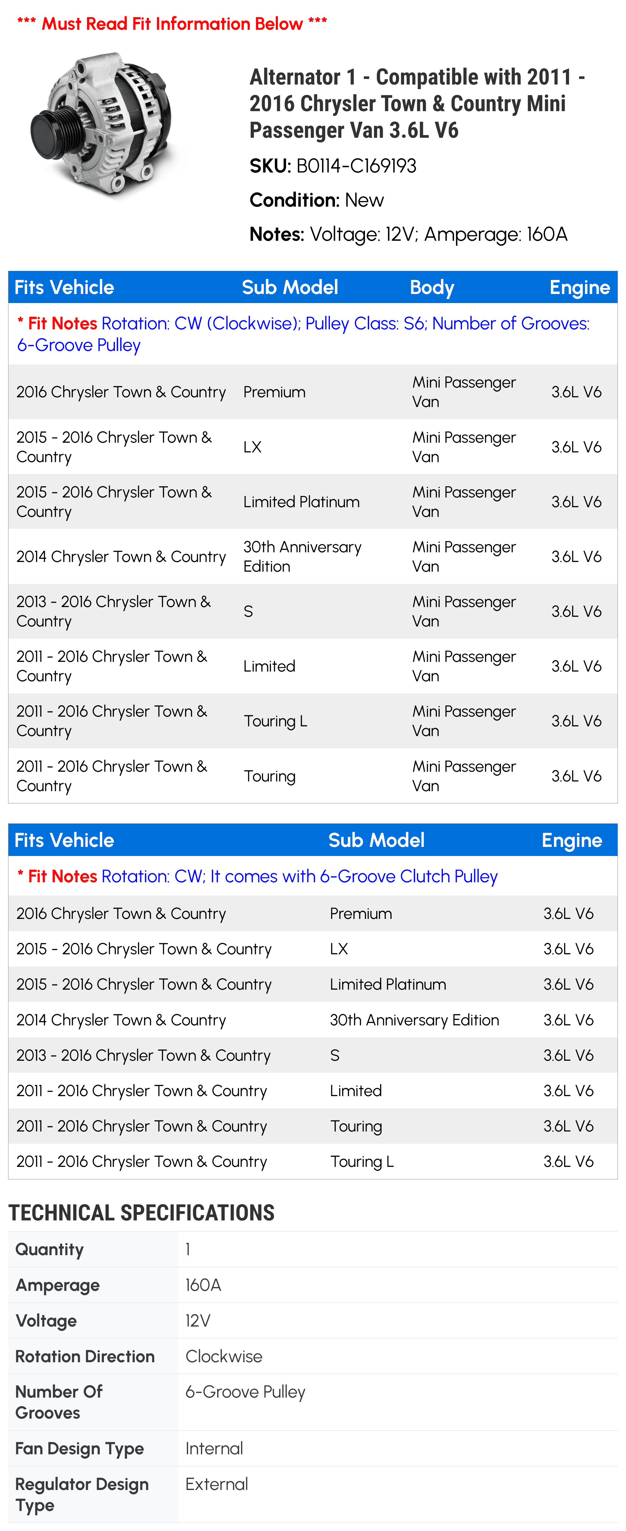 Alternator 1 - Compatible with 2011 - 2016 Chrysler Town & Country Mini Passenger Van 3.6L V6 2012 2013 2014 2015