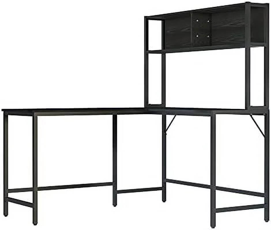 HYHBIBOOM 55 Inch L Shaped Computer Desk with Hutch  Corner Desk for Home Office and Study  Writing Workstation with 2  Compartments  Black