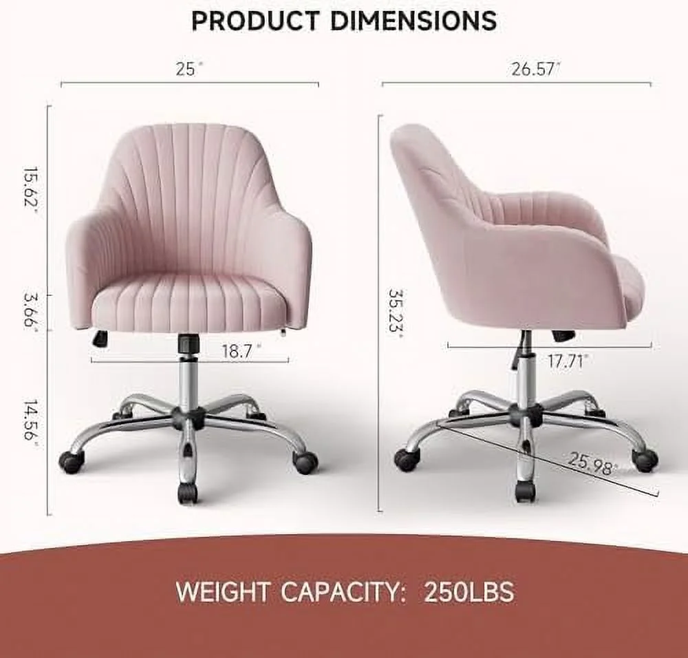 YPDCHB Pink Desk Chair with Wheels  Modern Cute Vanity Rolling Chairs with Upholstered Velvet Home Office Chair for Women Girls Bedroom Make-up Studying