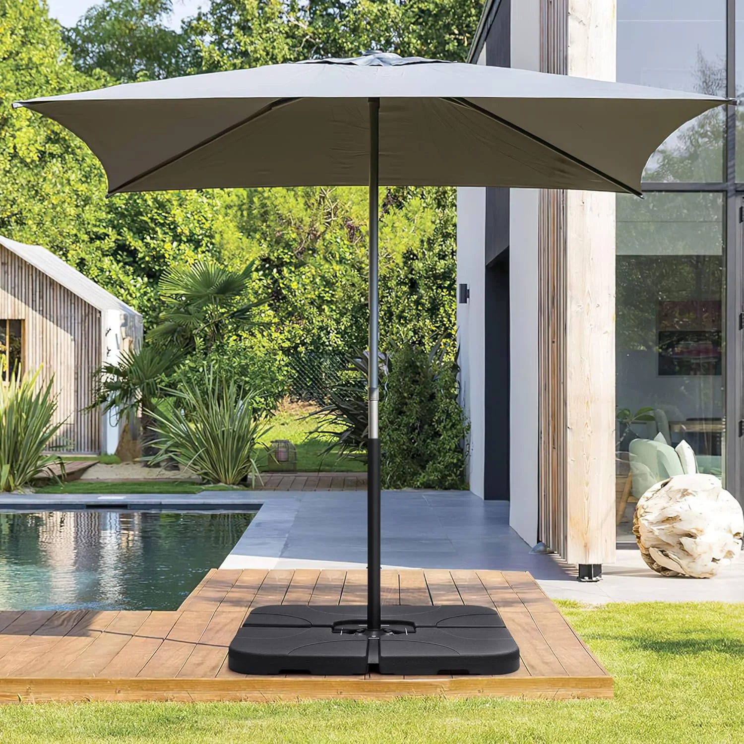 4-Piece Heavy-Duty Cantilever Offset Patio Umbrella Stand & Base Plate Set with Easy-to-Fill Spouts for Garden, poolside, seaside (Black)