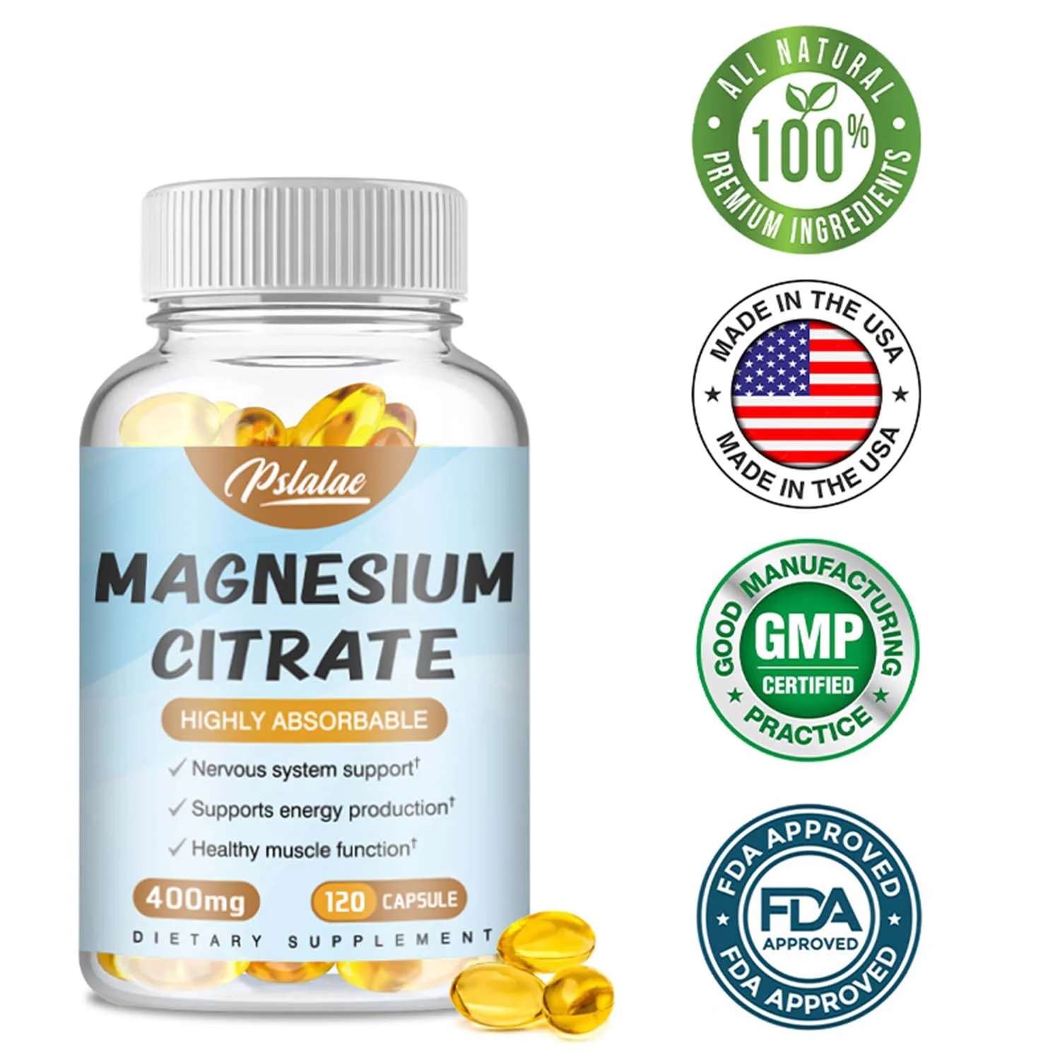 Pslalae Magnesium Citrate 400mg - Energy, Muscle, Bone Support, Relieve Leg Cramps (30/60/120pcs)