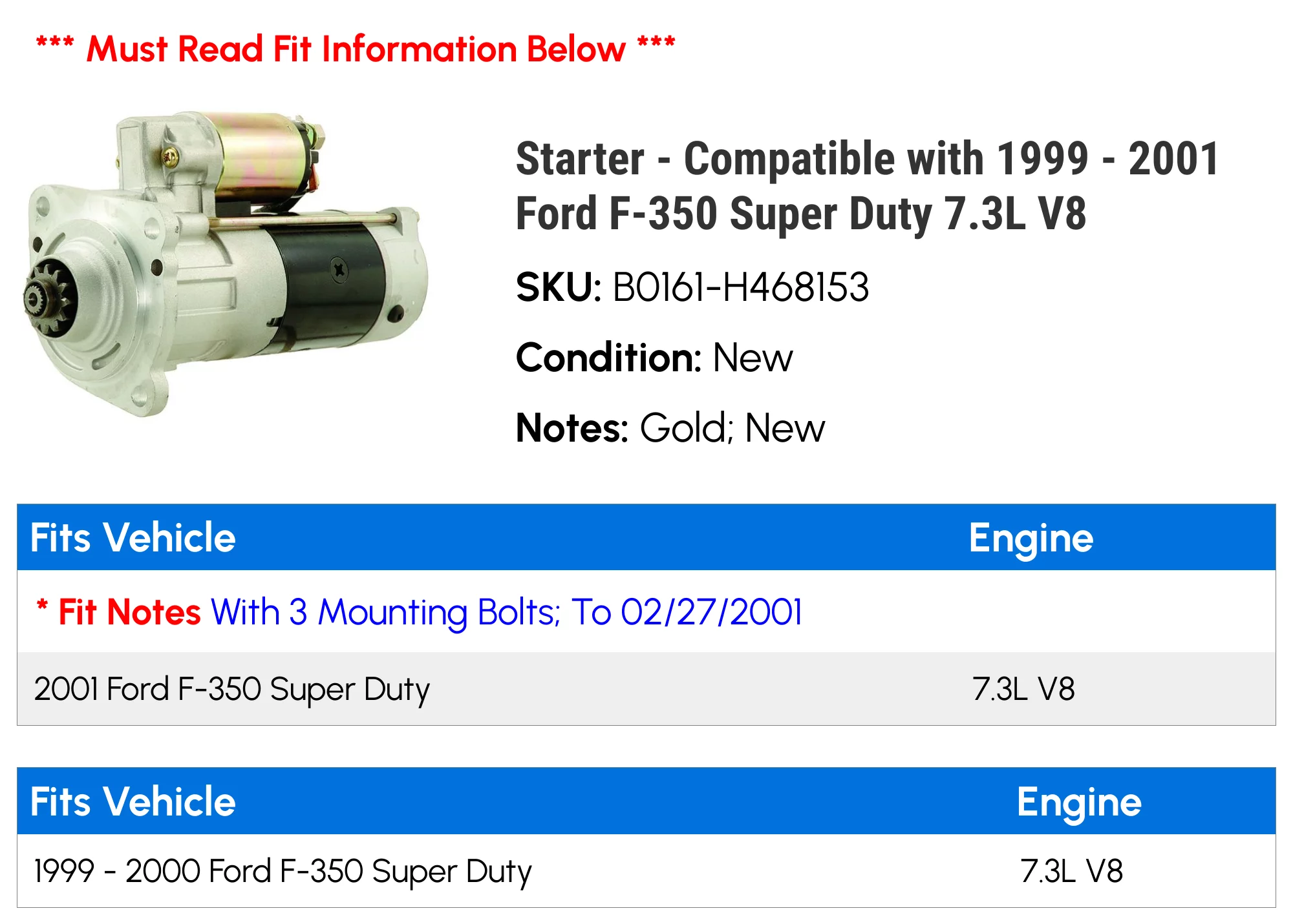 Starter - Compatible with 1999 - 2001 Ford F-350 Super Duty 7.3L V8 2000