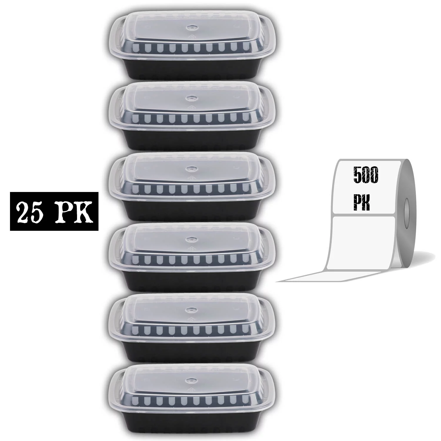 Meal Prep Containers And Lids And Labels Set: (25 Pk) Rectangle Reusable Microwavable BPA Free Food Container With Lid + (500) Dissolving Labels, Great For Prepping And Planning Take Out