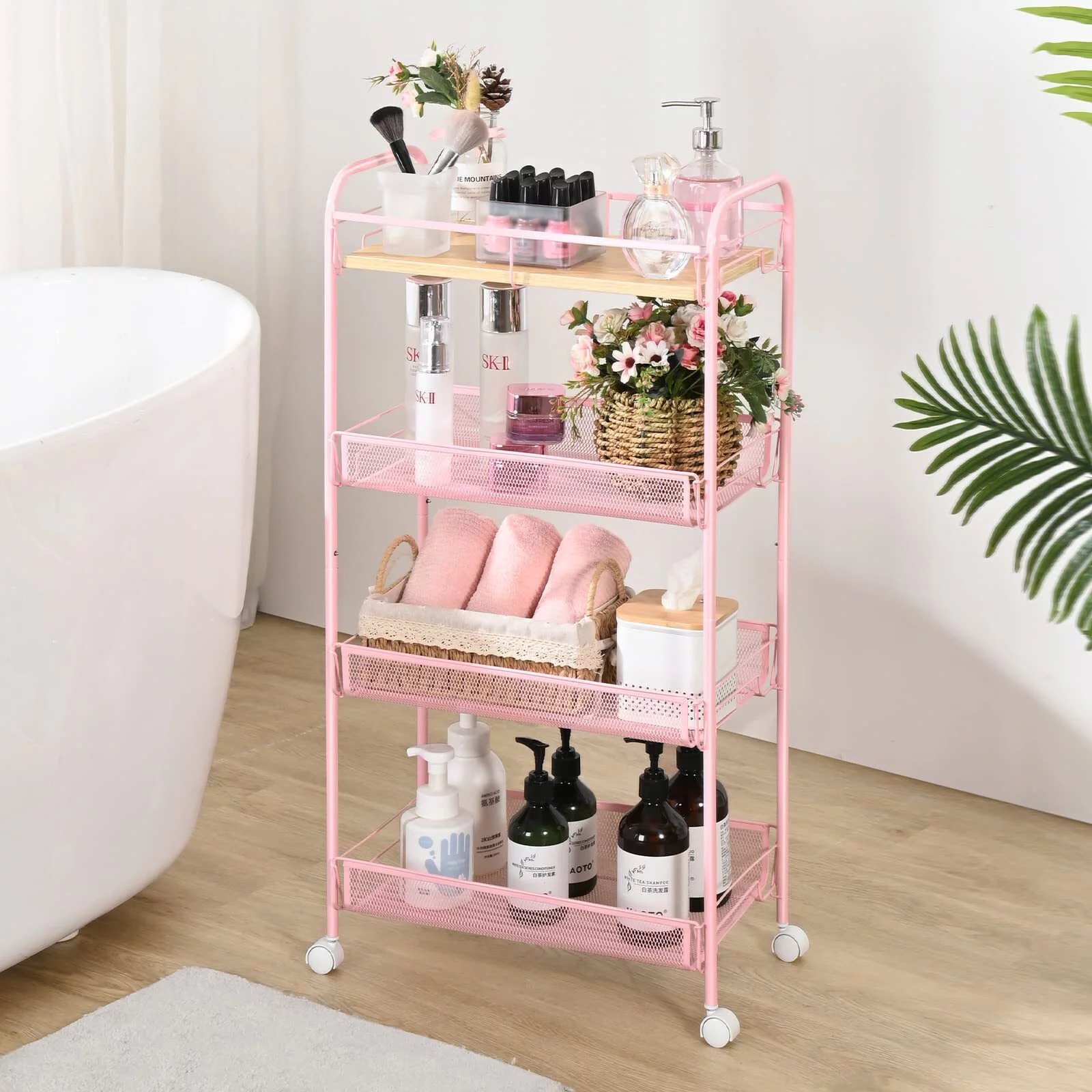 KK KINGRACK 4-Tier Rolling Cart, Mesh Storage Utility Carts with Wooden Tabletop for Kitchen Bathroom, Pink