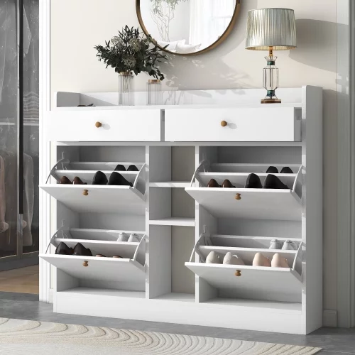Motent Modern Shoe Cabinet with 4 Flip Drawers, Multifunctional 2-Tier Shoe Storage Organizer with Drawers, Free Standing Shoe Rack for Entrance Hallway, White