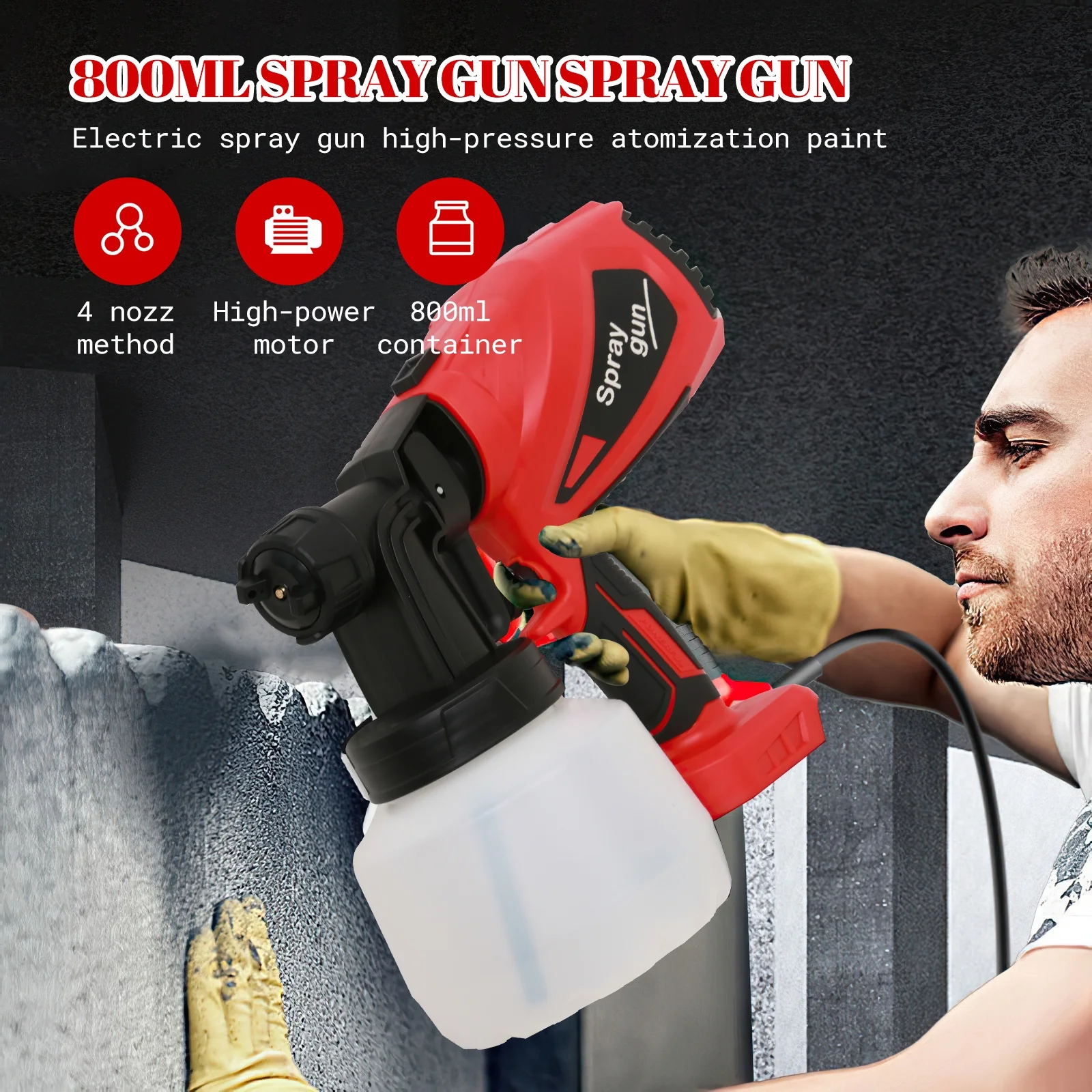 550W Paint Sprayer Gun, 800ml Electric HVLP Paint Sprayer with 4 Nozzles 3 Spray Patterns for Home Interior and Exterior,Painting Projects,Red