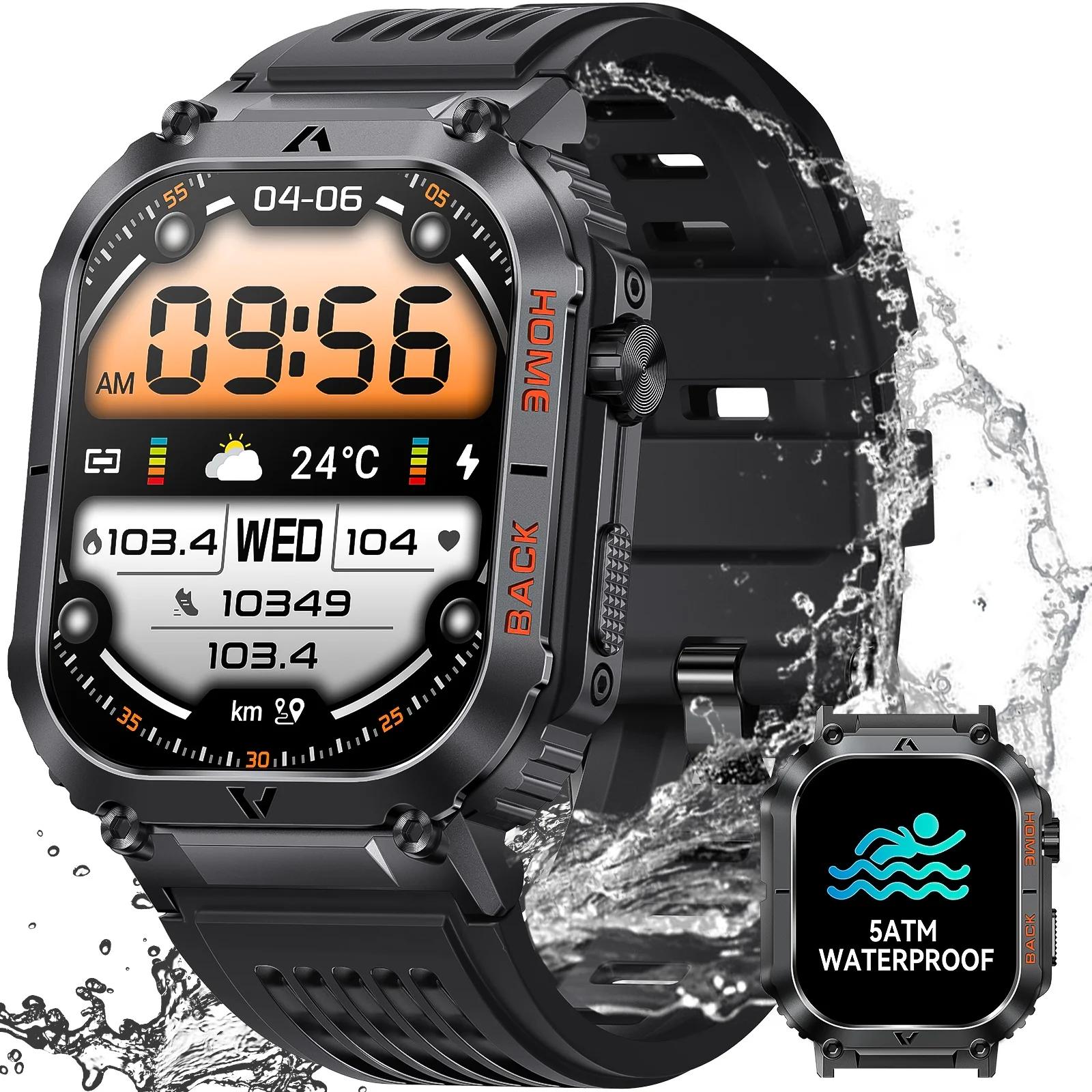 Pakrys Smart Watch for Men 2.02-inch Ultra HD Resolution Screen 5ATM Waterproof Military-Grade Smartwatch Outdoor Tactical Fitness Tracker 100+ Sports Modes Watch for iPhone Android Phones