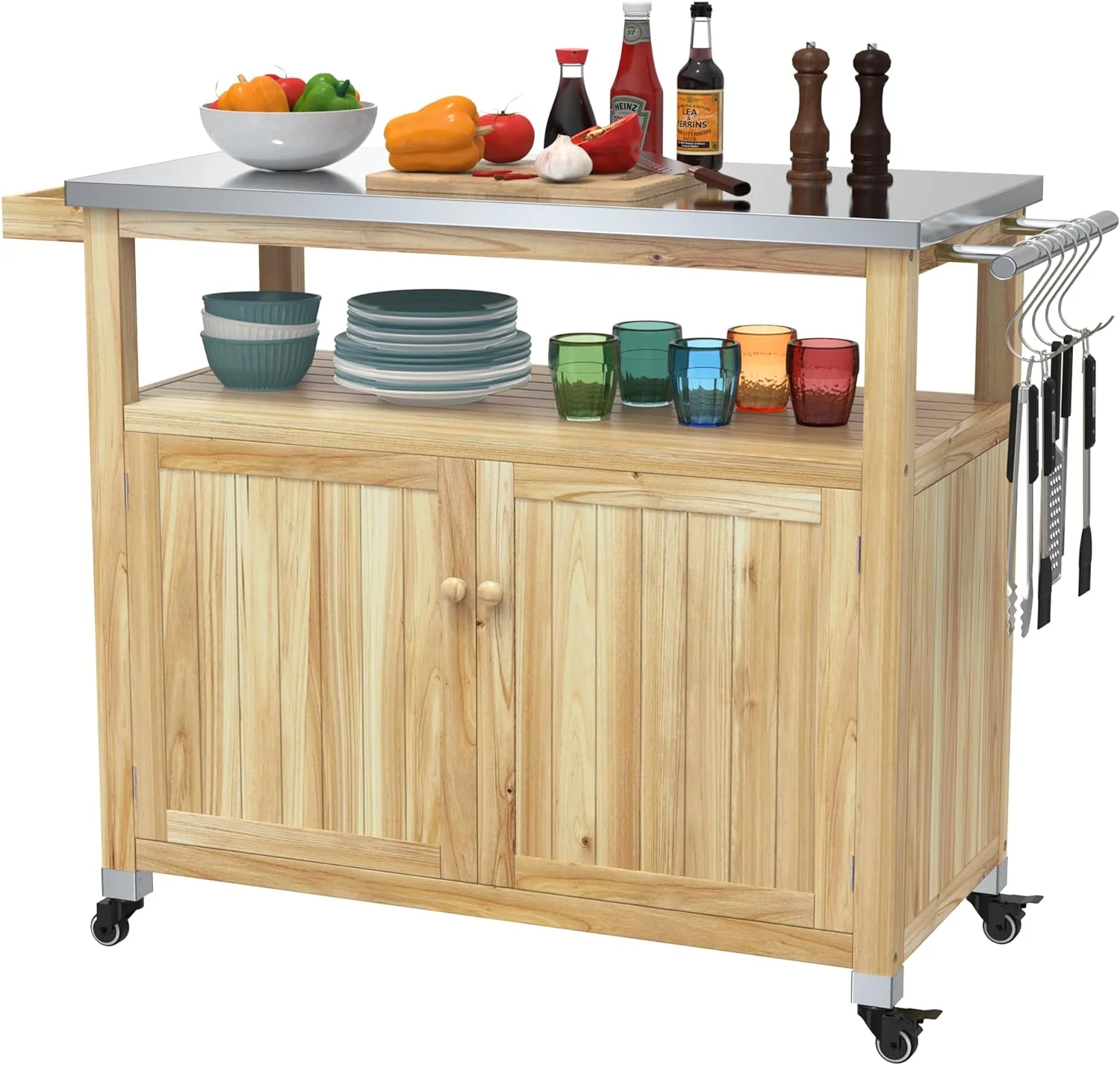 Outdoor Storage Cabinet Solid Wood Prep Grill Table with Stainless Steel Top Waterproof Cover