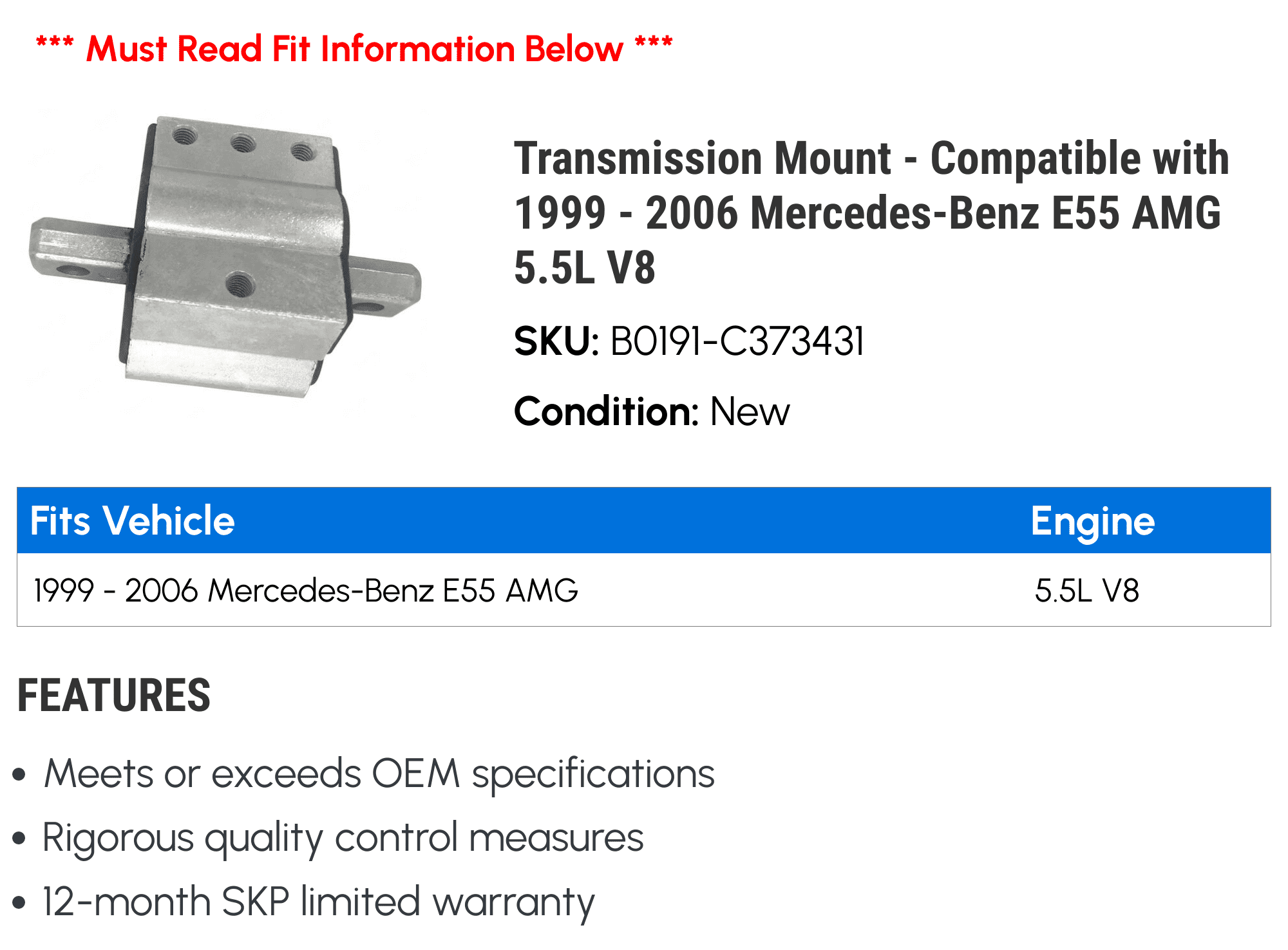 Transmission Mount - Compatible with 1999 - 2006 Mercedes-Benz E55 AMG 5.5L V8 2000 2001 2002 2003 2004 2005