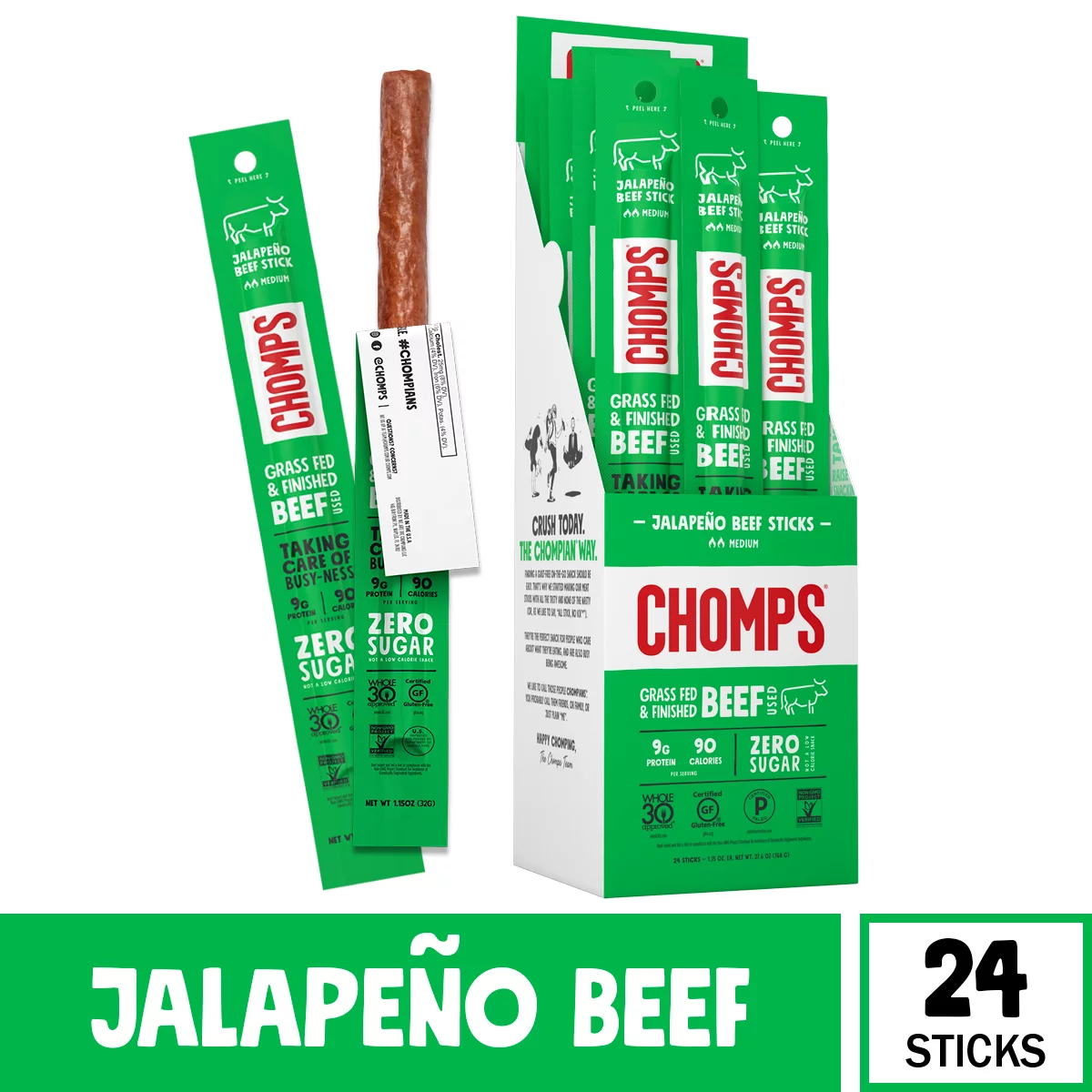Chomps Grass Fed Beef Jerky Sticks, Jalapeno Beef, High Protein, Gluten Free, Sugar Free, Whole 30 Approved, 24ct 1.15oz