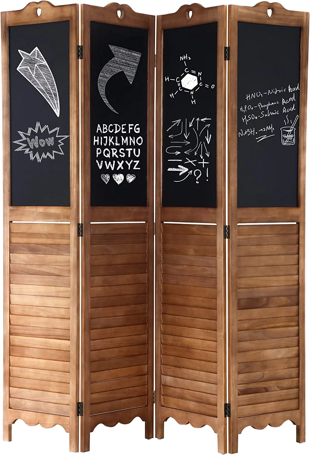 Room Divider 4 Panel Folding Screen with Wipeable Chalkboard Partition Wood Screen for Home Office Bedroom (Brown)