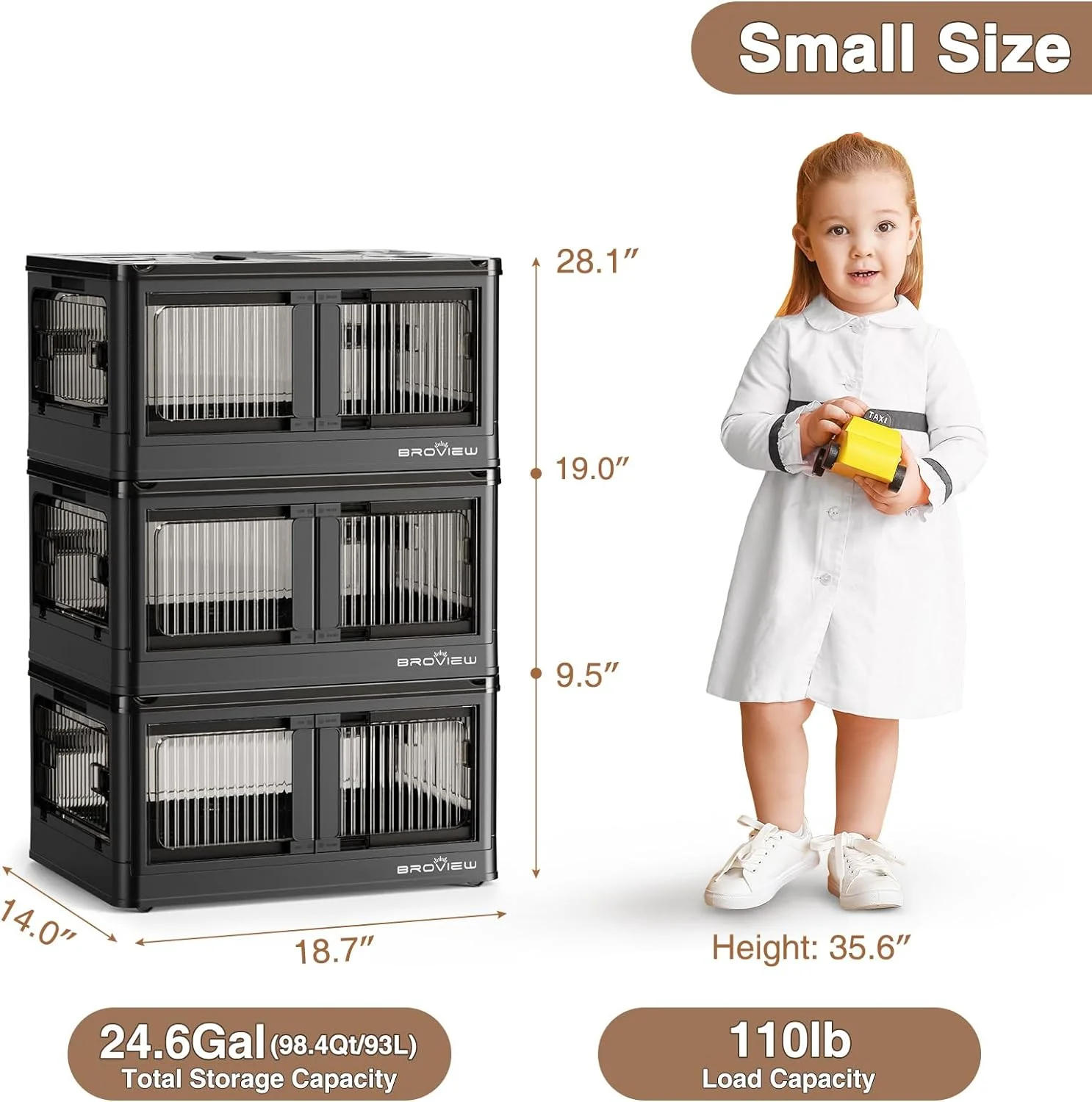 V5S 8.2 Gal Closet Organizers and Storage Black, 3 Pack Plastic Storage Bins with Lids and Wheels, 5-Opening Stackable Collapsible Storage Containers with Doors, Folding Shelf for Home Garage