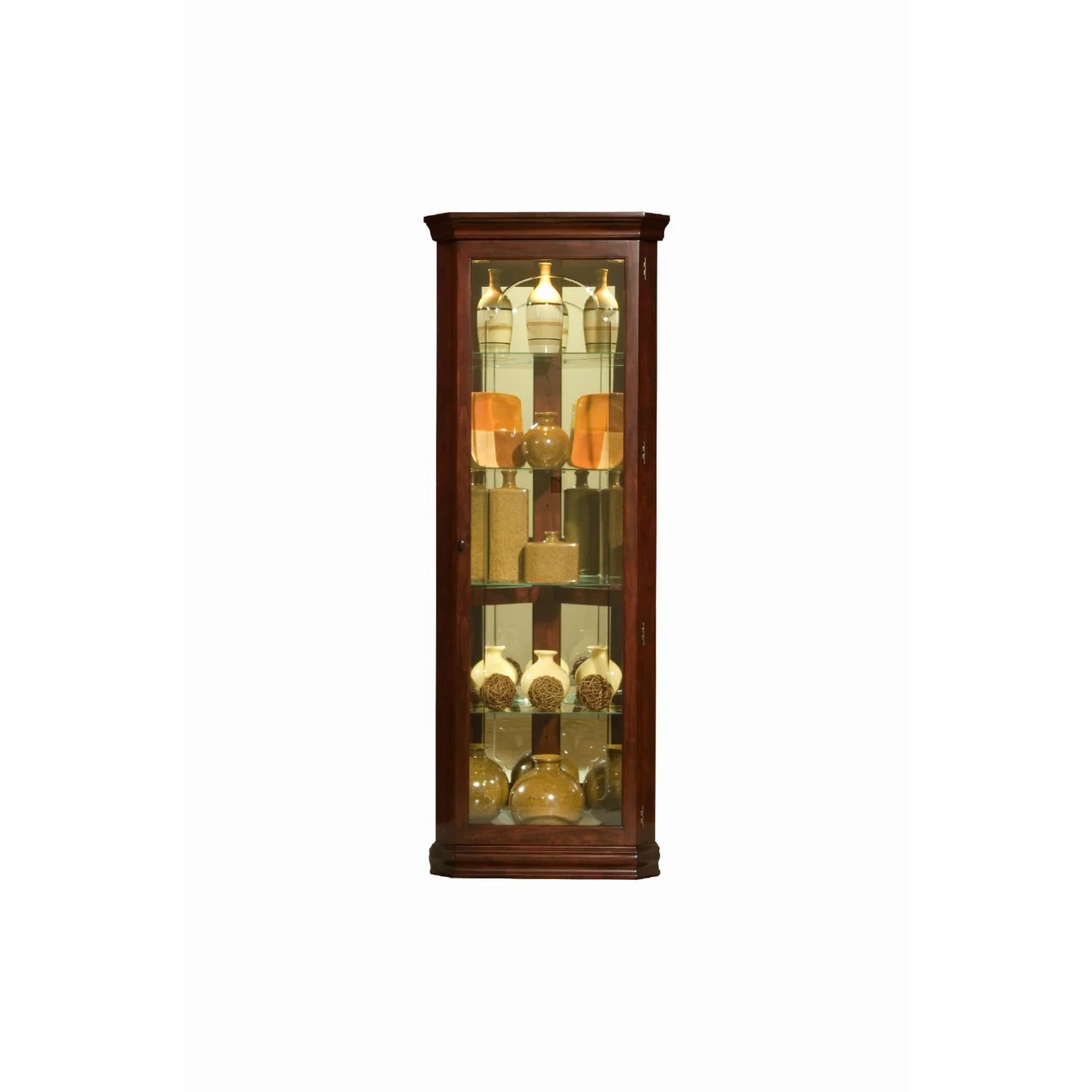 Wood Framed 4 Shelf Corner Curio Cabinet in Cherry Brown by Pulaski Furniture
