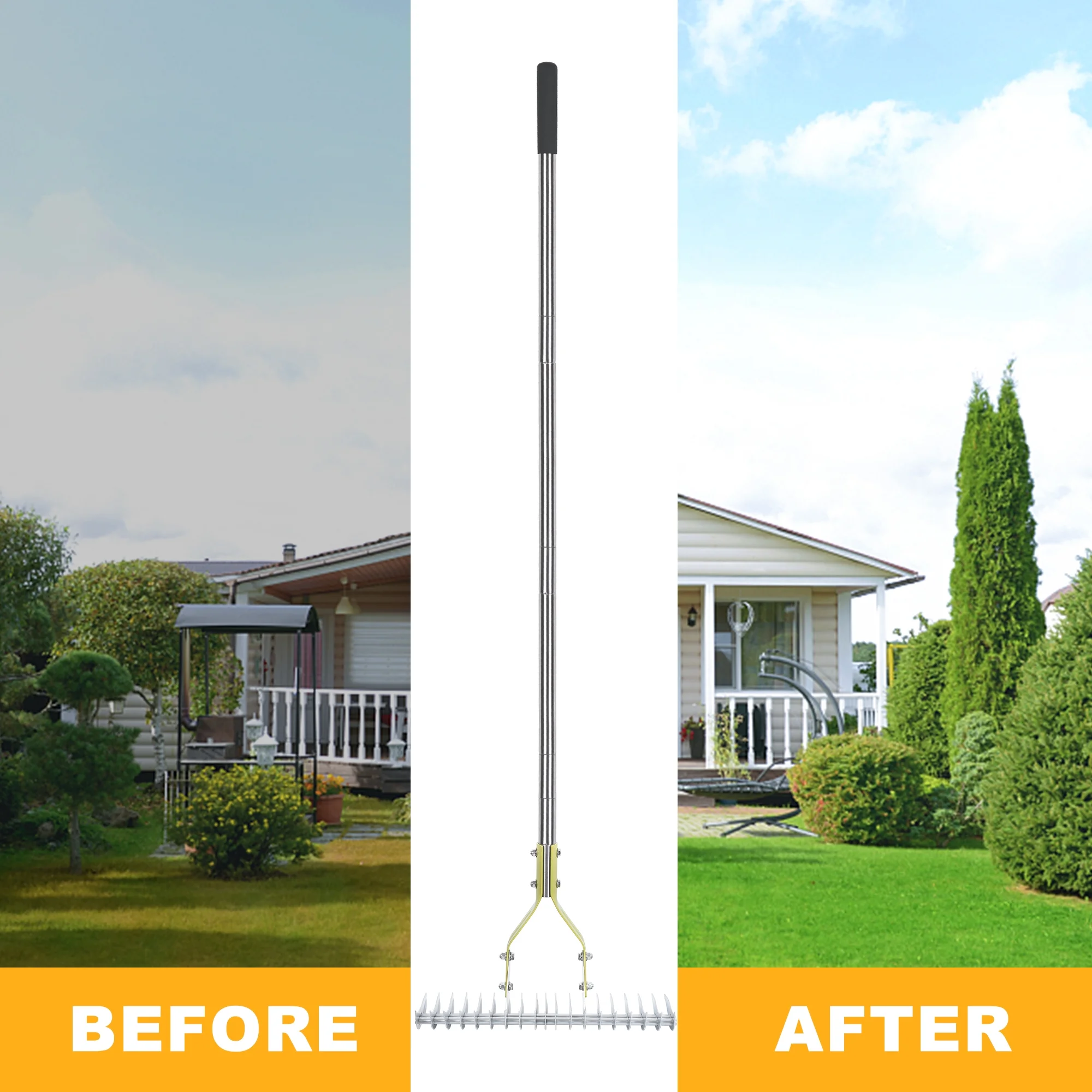 BARAYSTUS Thatch Rake, 15-inch Wide Lawn Thatching，Efficient Steel Metal Lawn Grass Rake With Stainless Steel Handle, 58.5-inch Length.