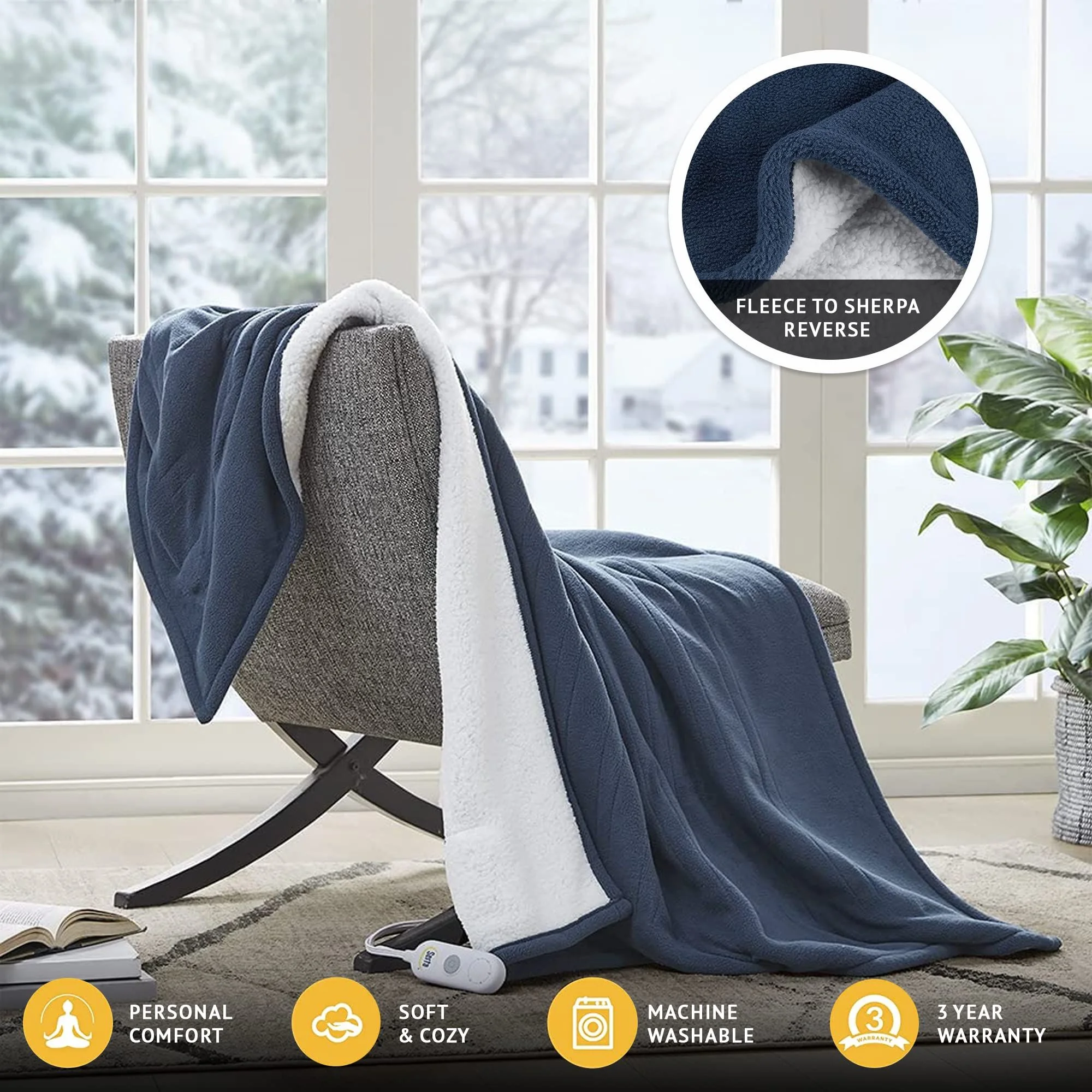 Serta Freya AZ Fleece to Sherpa 1-Piece Indigo Reversible Fast Heating Throw, 50x60