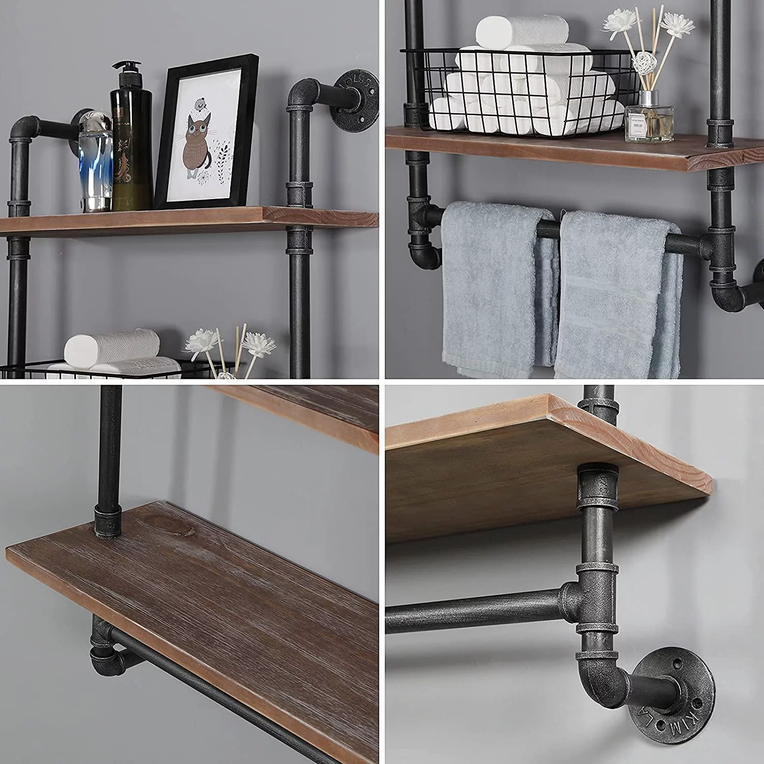 HAOFEI Industrial Pipe Shelving Bathroom Floating Shelves Wall Mounted, 2 Tier 24 inch Rustic Wood Shelf with Towel Bar, Farmhouse Towel Rack Bathroom Shelf Over Toilet