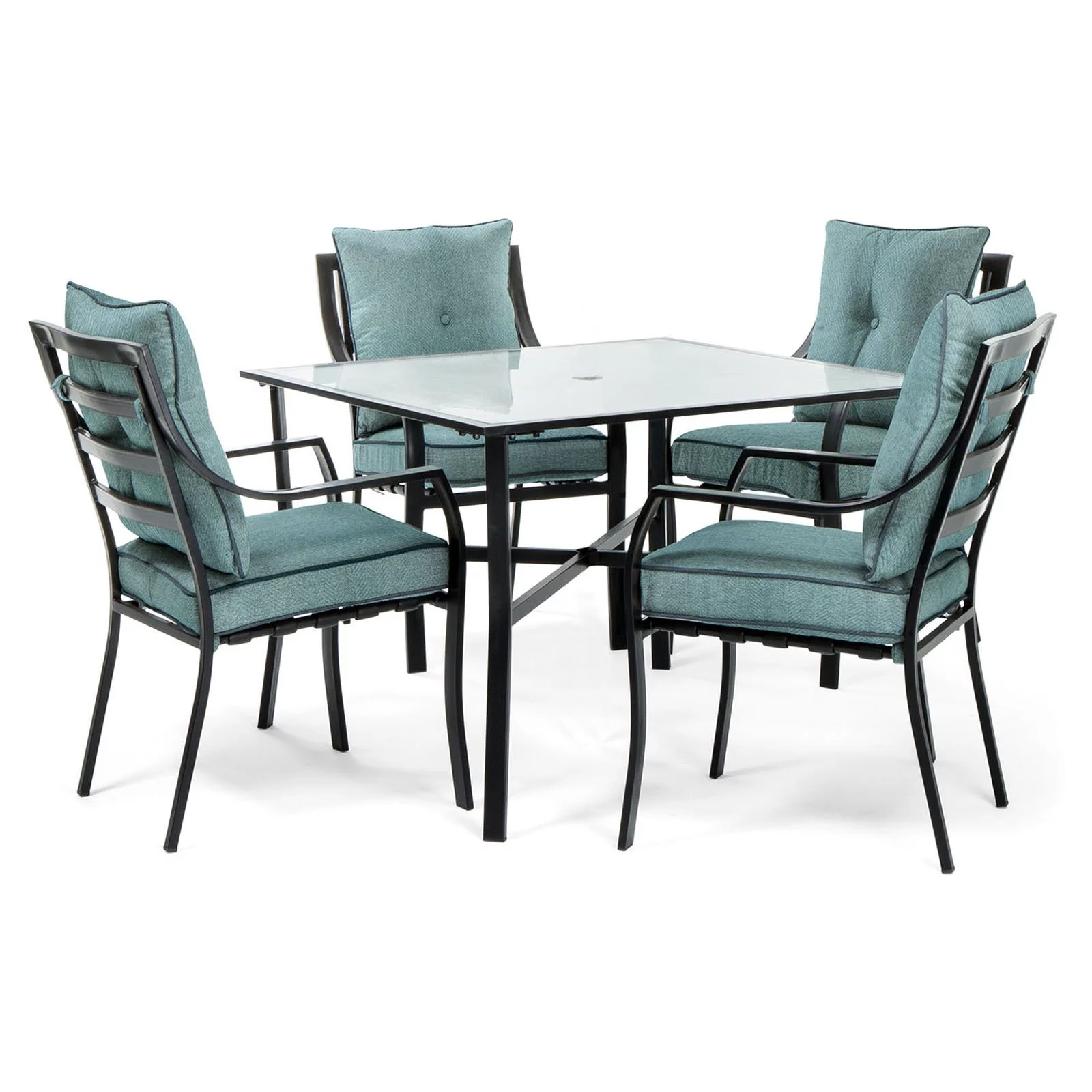 Hanover Lavallette 5-Piece Outdoor Dining Set with 42 in. Square Tempered Glass-Top Patio Table and 4 Ocean-Blue Cushioned Chairs