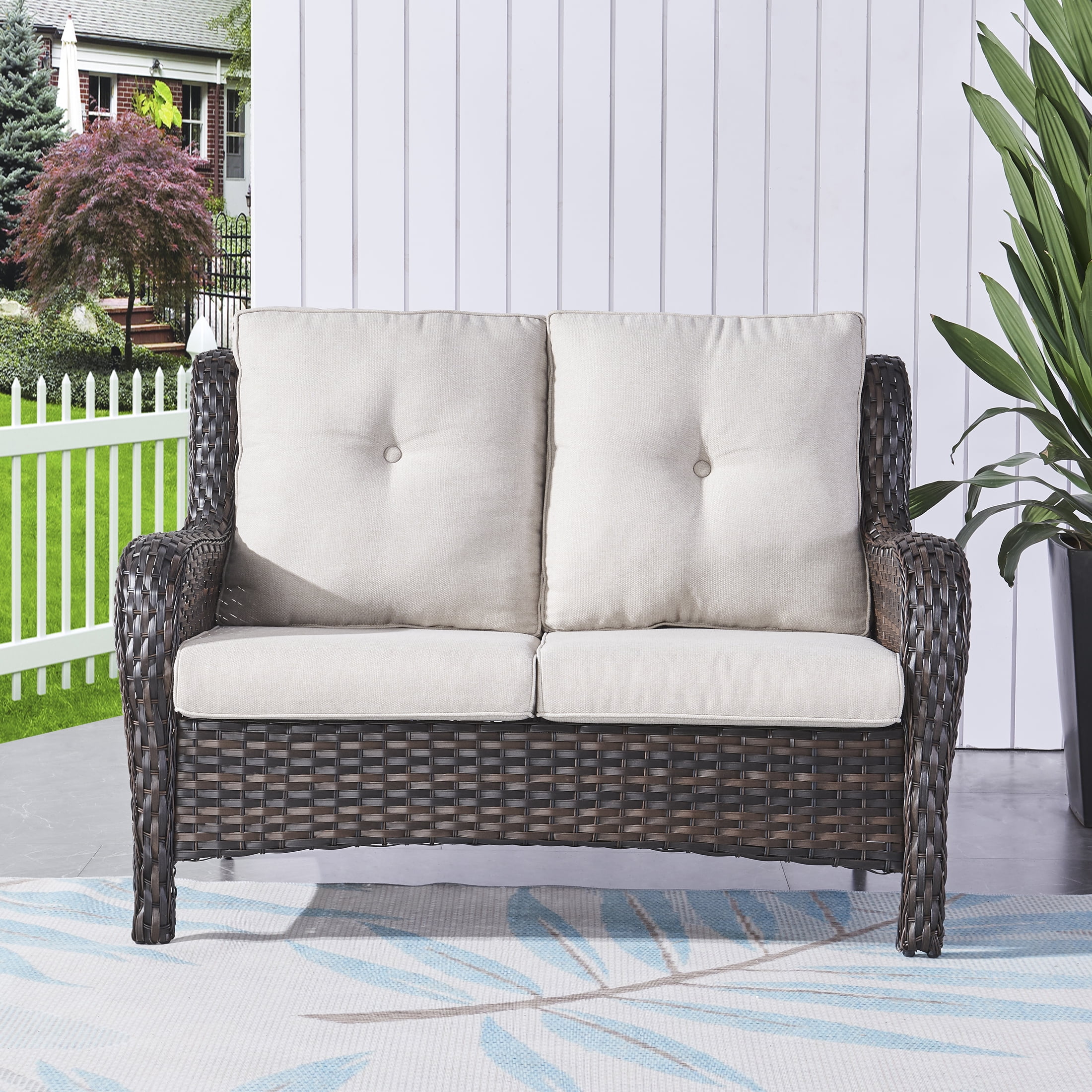 PARKWELL Patio Rattan Seat Sofa Cushioned Loveseat,Outdoor Wicker Furniture,Beige