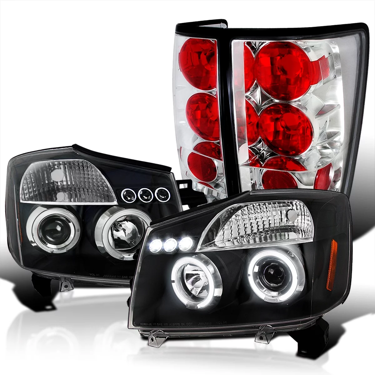 Spec-D Tuning Black Halo LED Projector Headlights+Clear Rear Tail Lamps Compatible with 2004-2015 Nissan Titan Left + Right Pair Headlamps Assembly