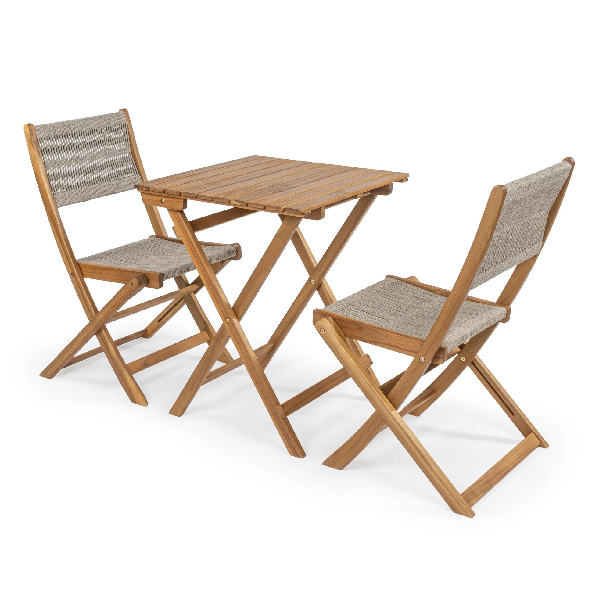 Javea Modern Coastal 3-Piece Acacia Wood Outdoor Folding Bistro Set, Beige/Teak Brown