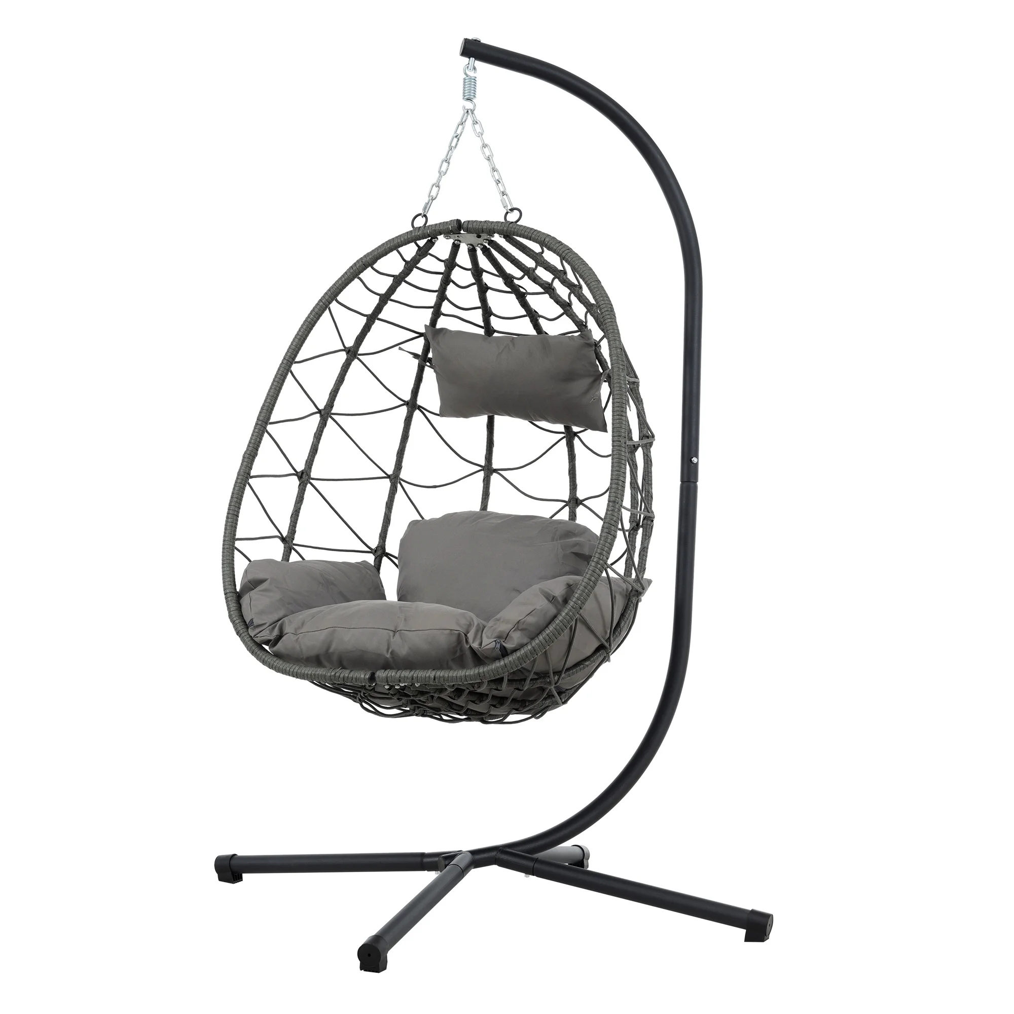 Patio Wicker Hanging Egg Chair with Stand - Brown Wicker, Grey Cushion