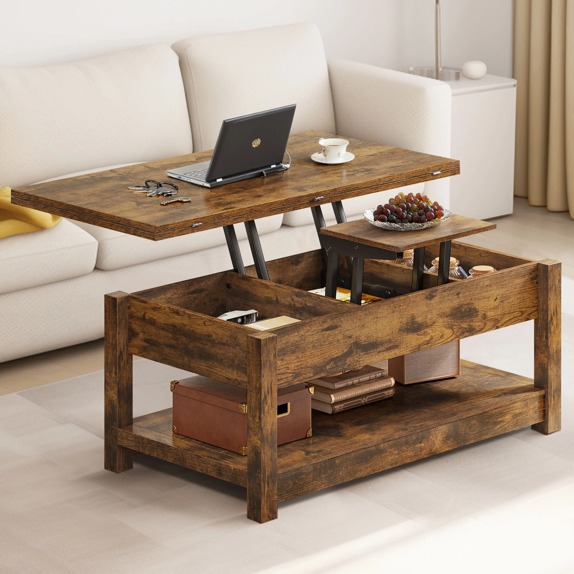 DWVO Farmhouse Lift Top Coffee Table, 3 in 1 Multi-Function Center Table with Storage for Living Room, Brown