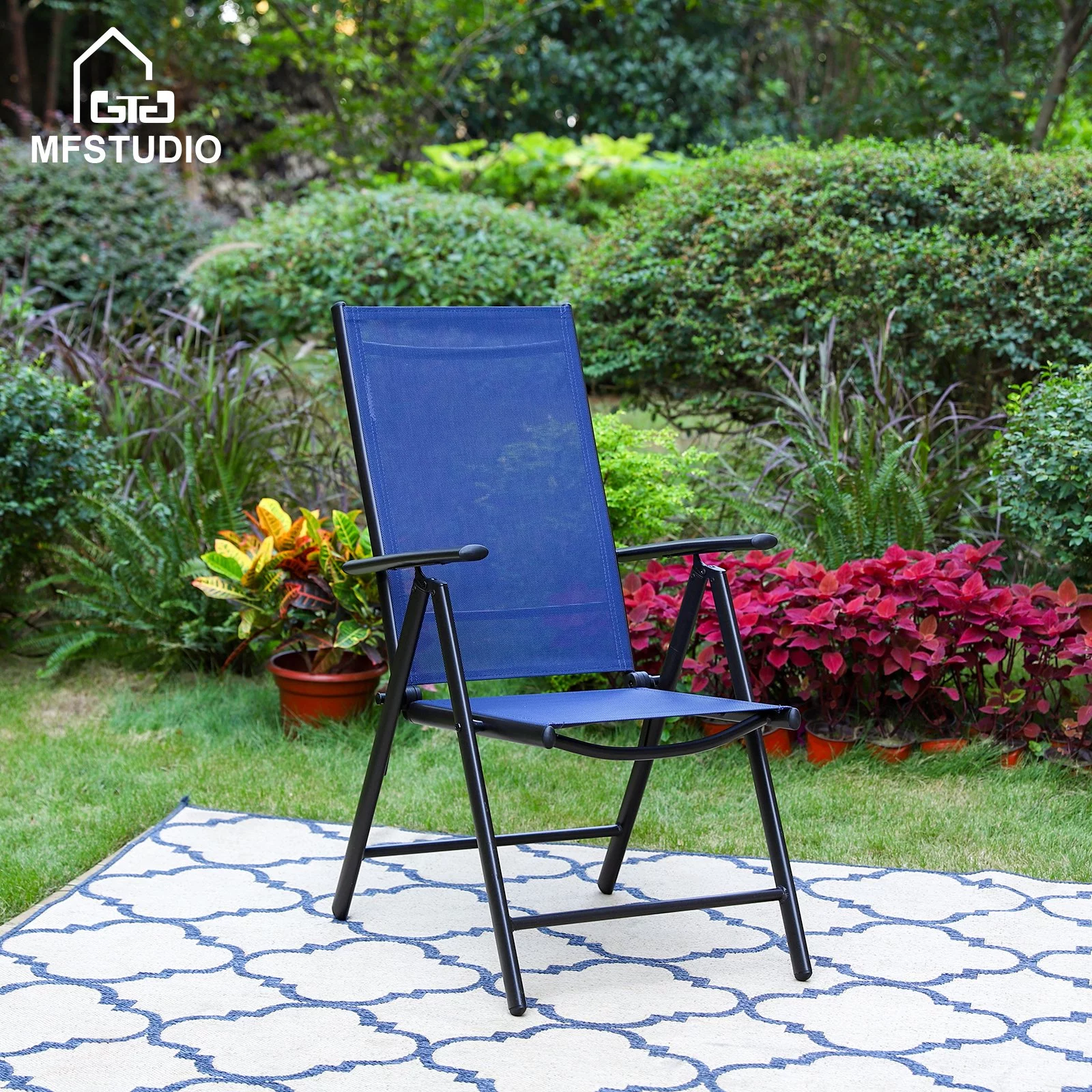 MF Studio 5-Piece Outdoor Patio Dining Set with Textilene 7-level Adjustable Folding Chairs&Square Wood Table, Blue