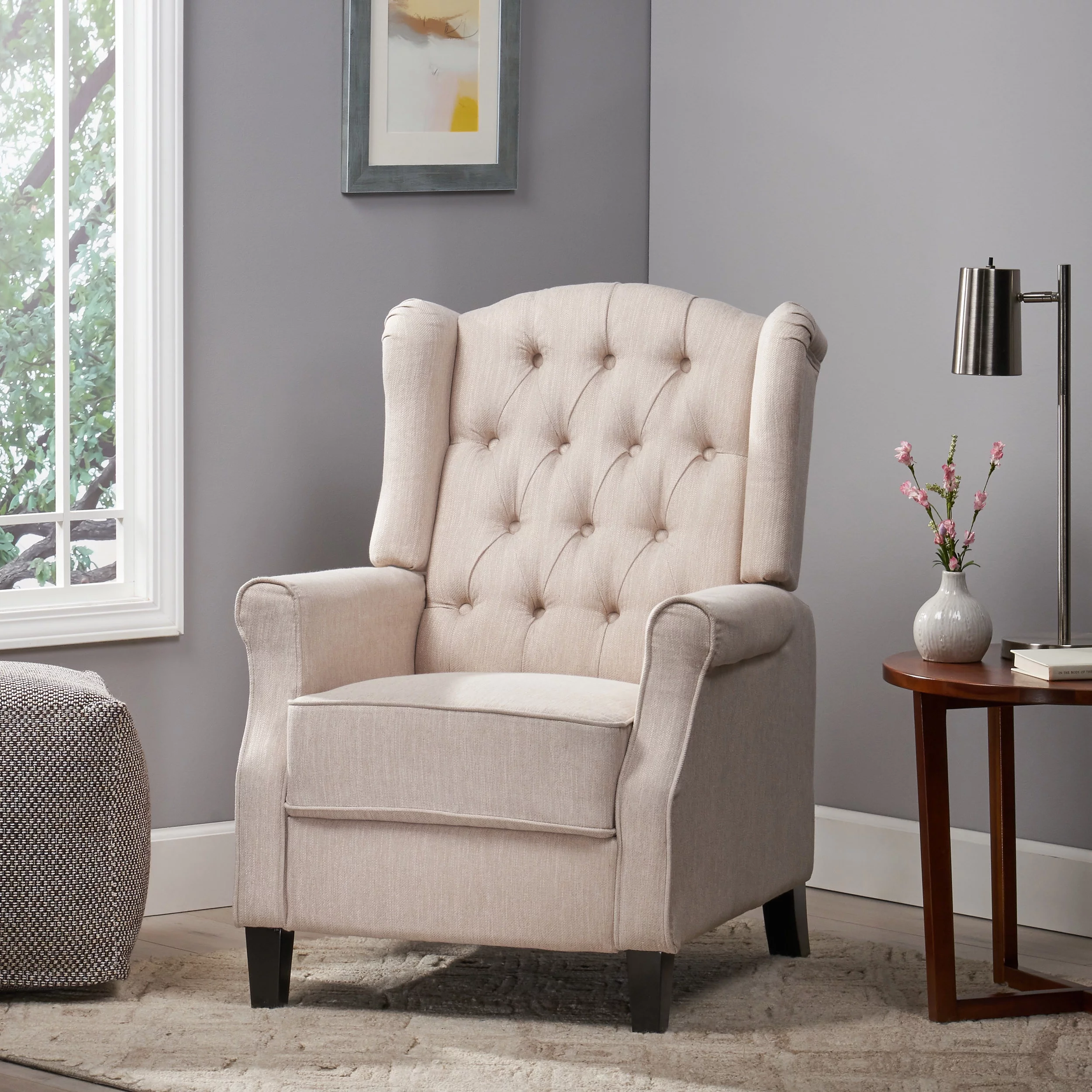 Breyon Contemporary Tufted Fabric Push Back Recliner, Beige and Dark Brown