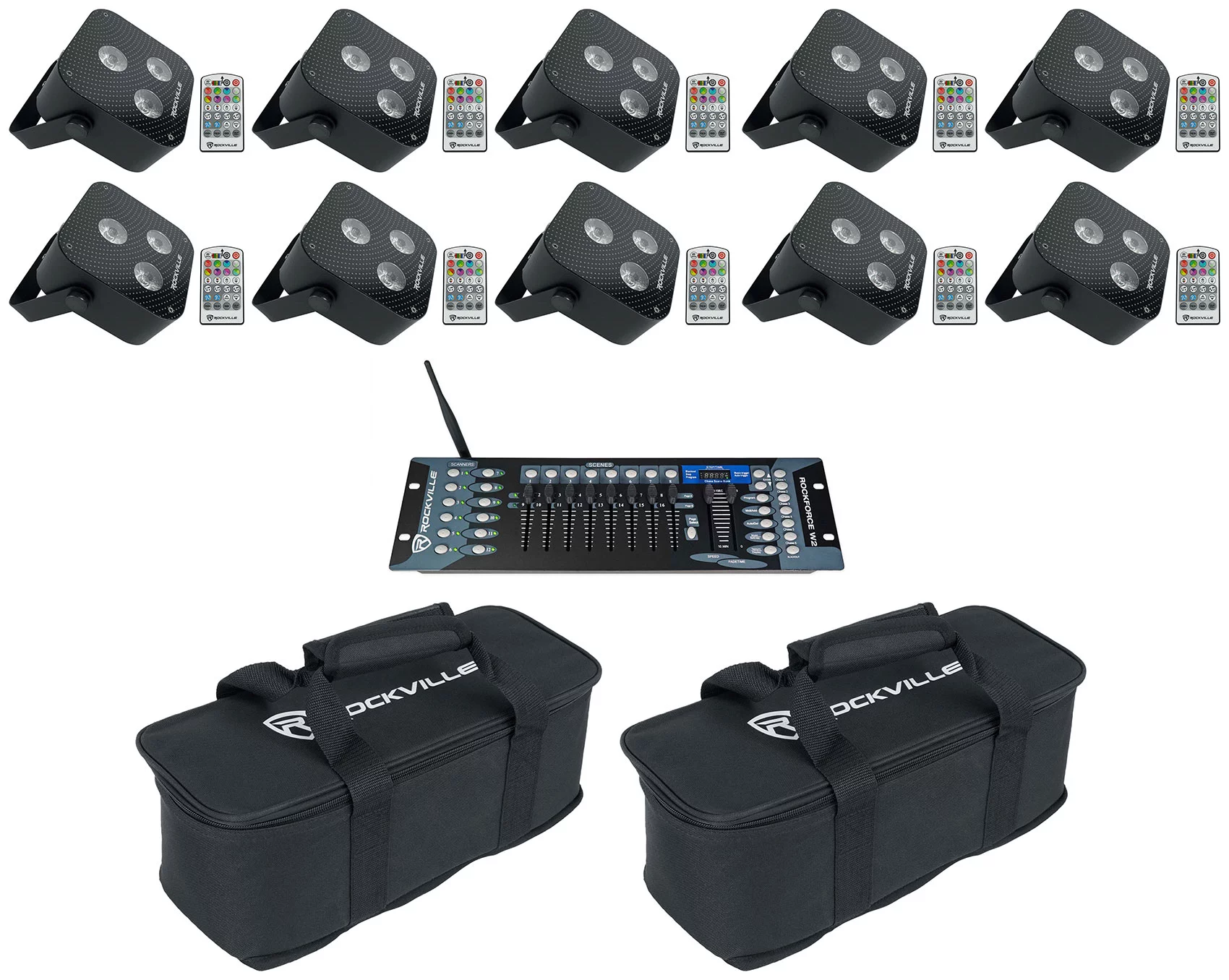 (10) Rockville MINI RF3 Black RGBWA+UV DJ/Party Wash Lights+DMX Controller+Bags