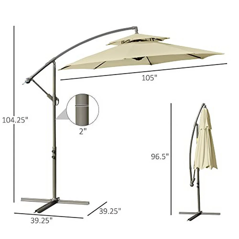 Outsunny 9' 2-Tier Cantilever Umbrella with Crank Handle, Cross Base and 8 Ribs, Garden Patio Offset Umbrella for Backyard, Poolside, and Lawn