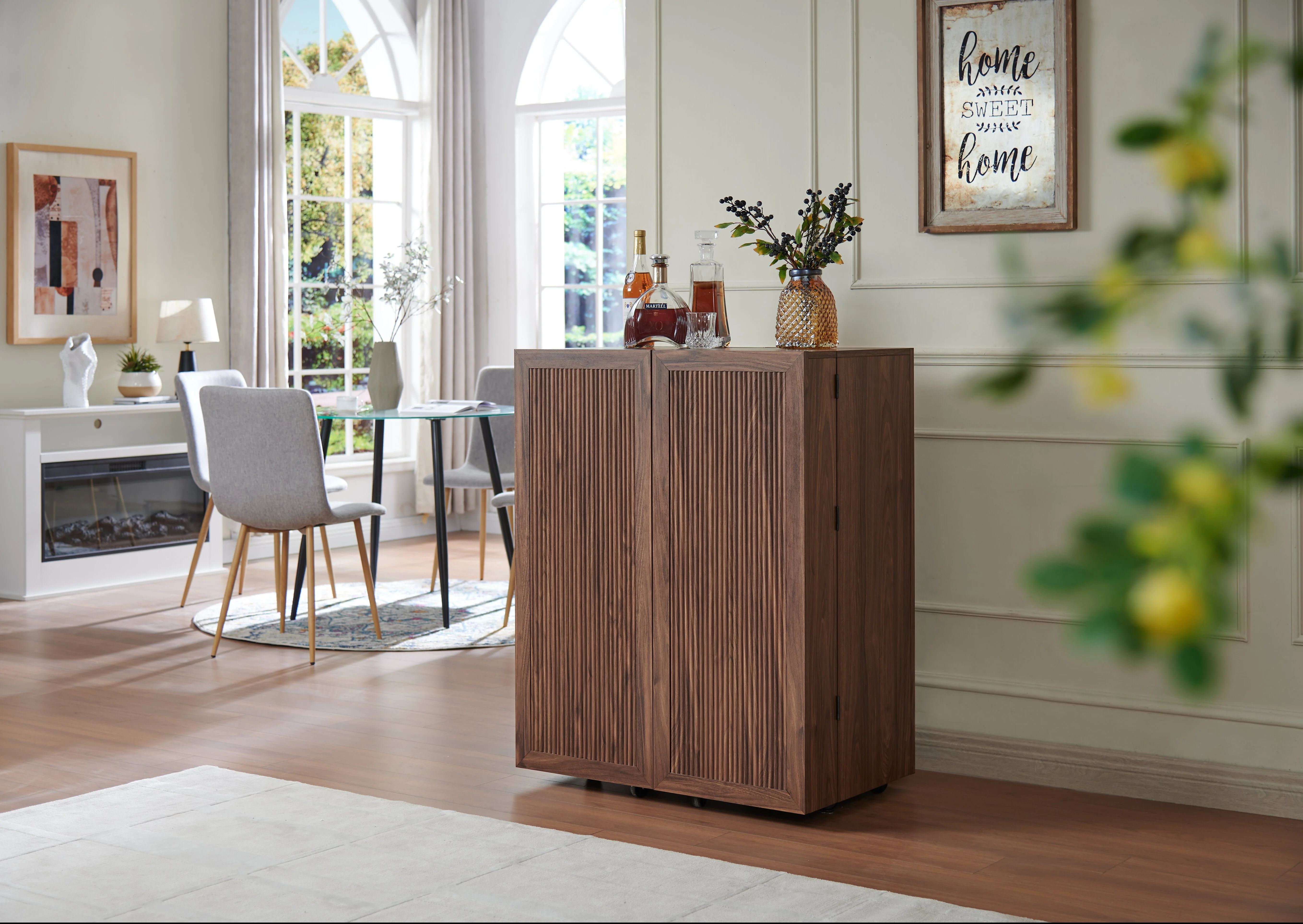 Home Source 40.7' Elegance Bar Server and Wine Glass Cabinet: The Ultimate Liquor and Beverage Cabinet for Your Dining Room with Ample Storage, 12-Bottle Wine Rack, Rollers for Mobility, and Interior